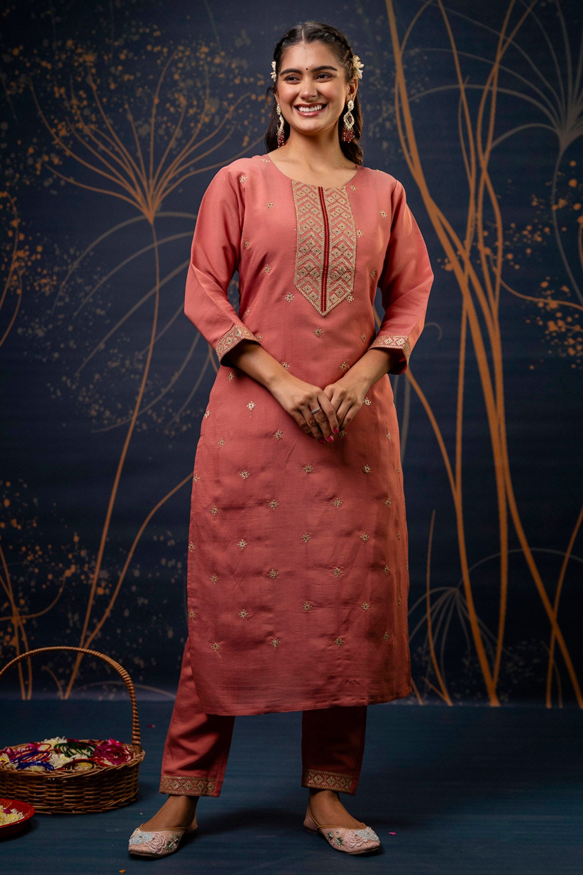 Peach Silk Buta Work Kurta Set