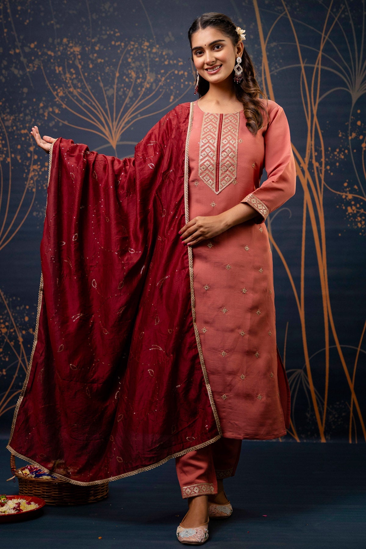 Buy Peach Silk Buta Work Kurta Set for women by Aastha Fashion online available at scrollnshops