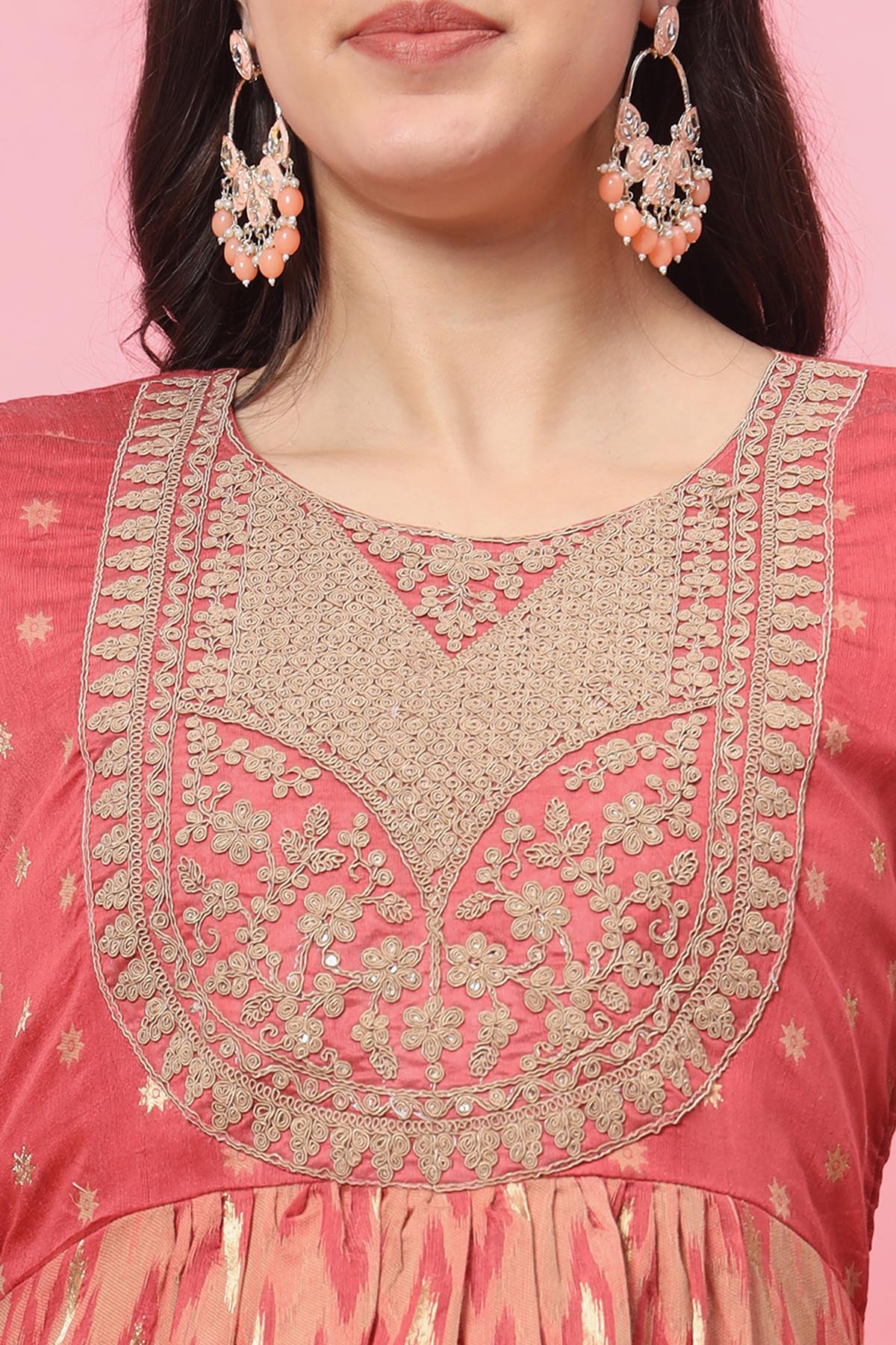 Peach Silk Embroidery Kurta Set