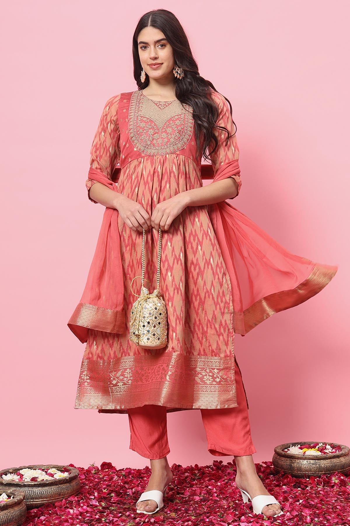 Buy Peach Silk Embroidery Kurta Set for women by Aastha Fashion online available at scrollnshops