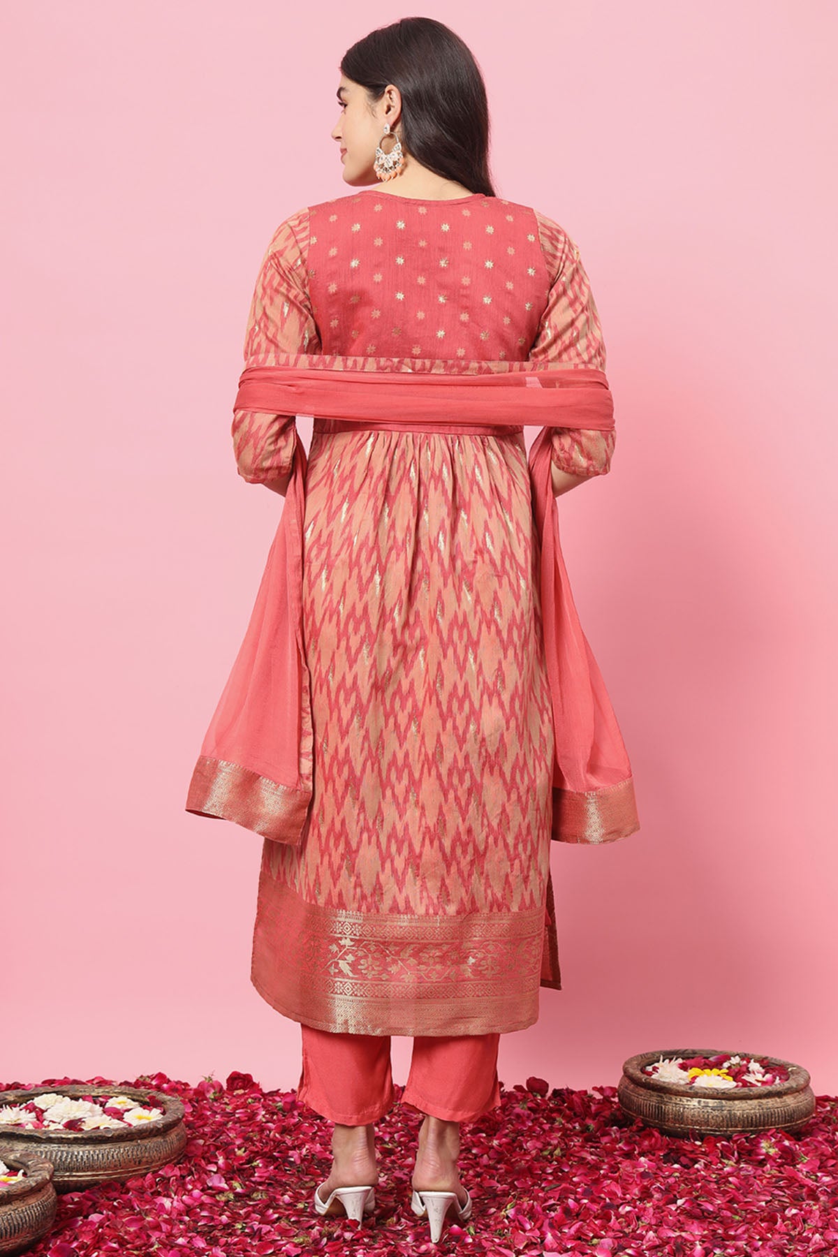 Peach Silk Embroidery Kurta Set