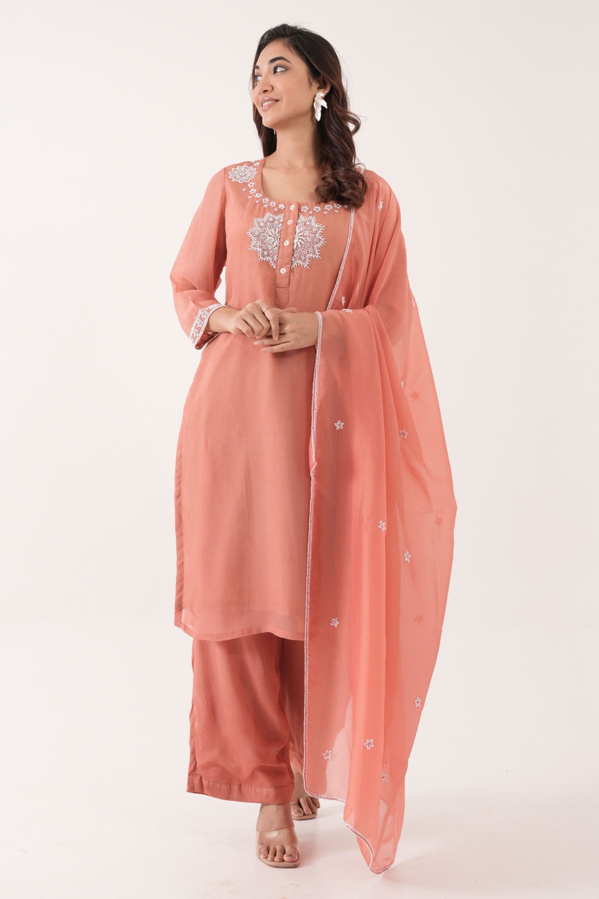 Eesha Gupta Peach Silk Organza Kurta Set for men online at ScrollnShops