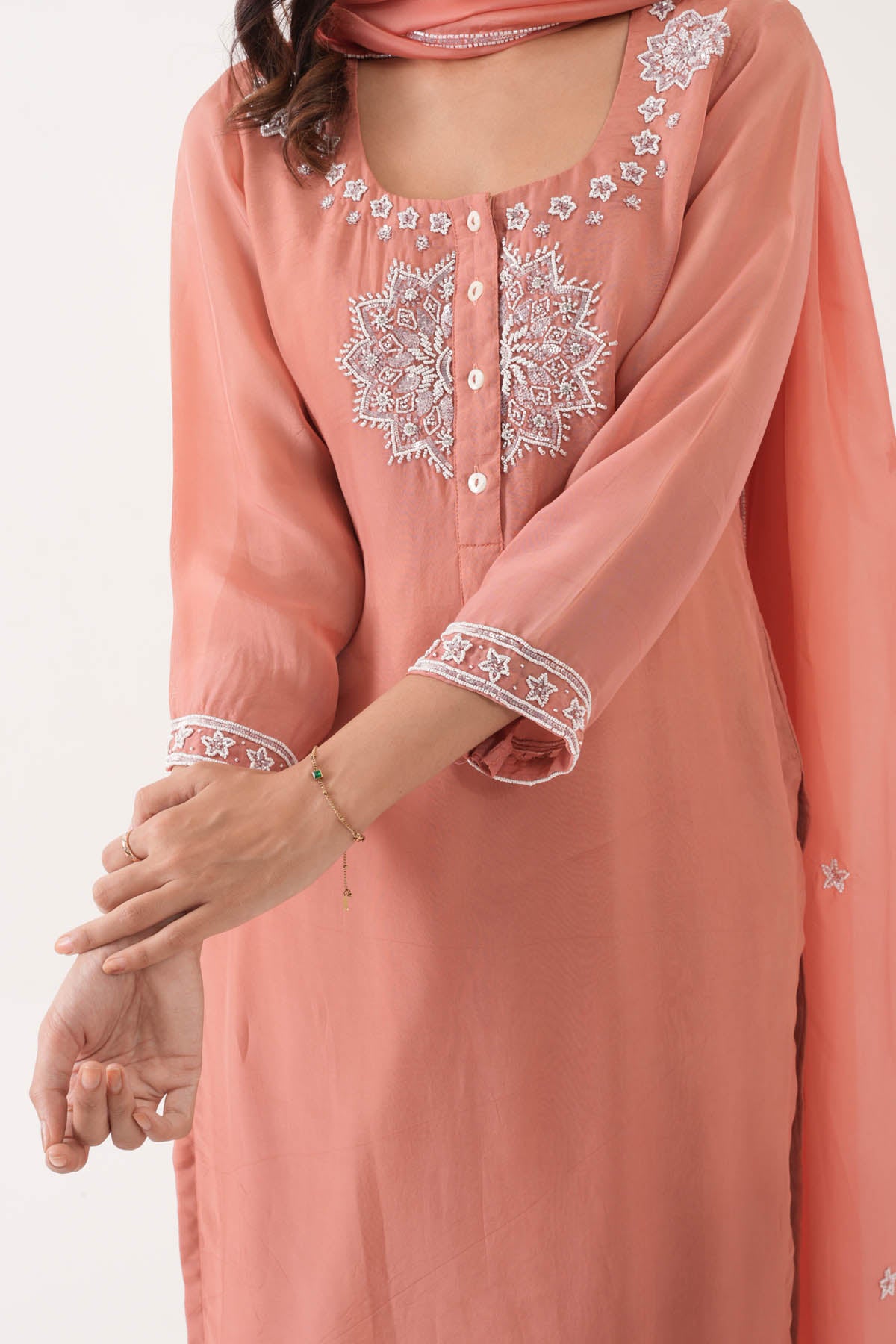Peach Silk Organza Kurta Set