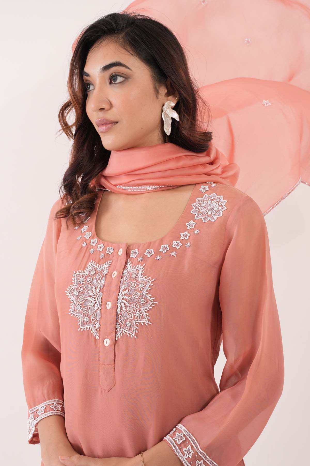 Peach Silk Organza Kurta Set