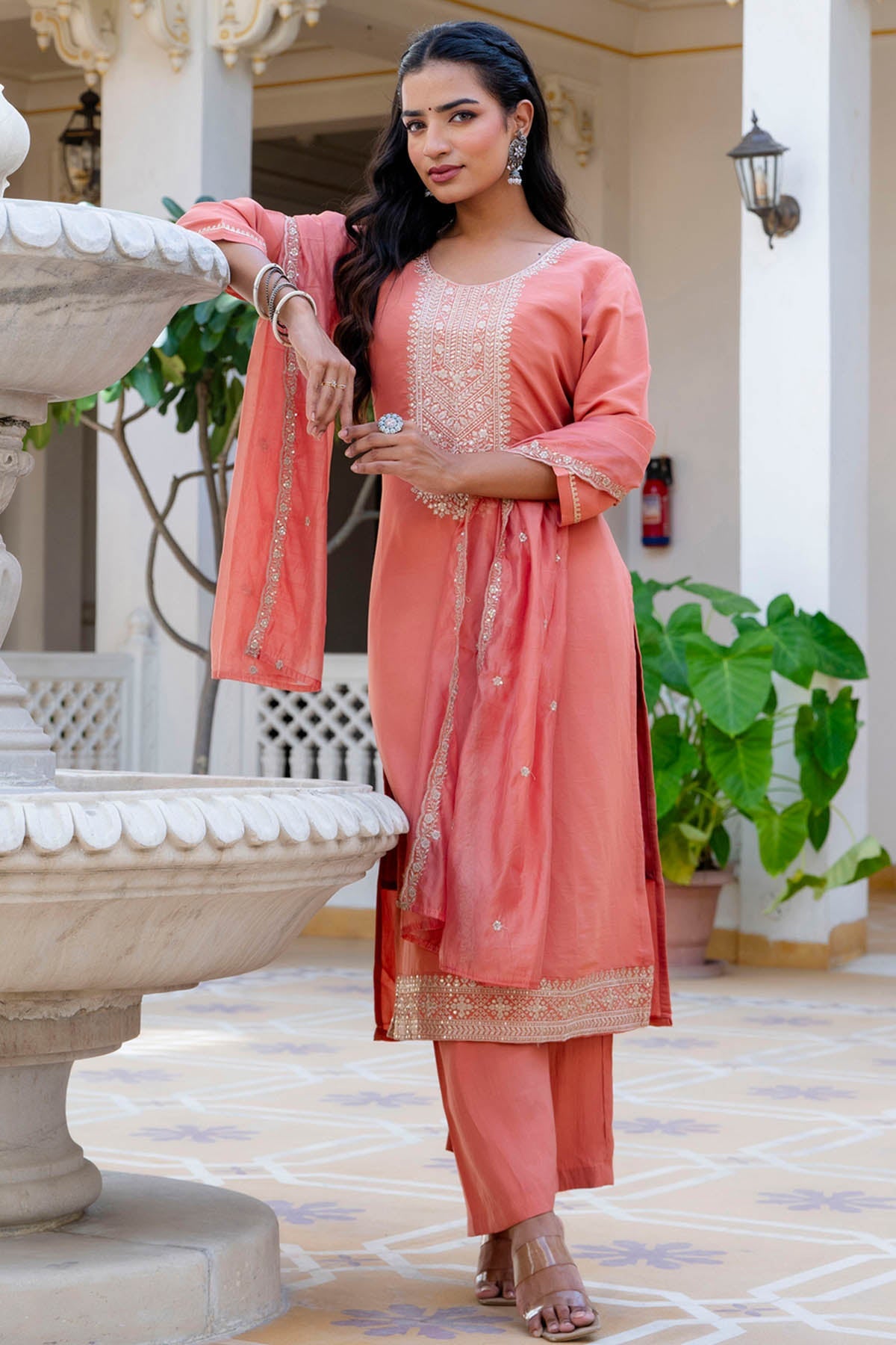 Buy Peach Silk Round Neck Kurta Set for women by Aastha Fashion online available at scrollnshops