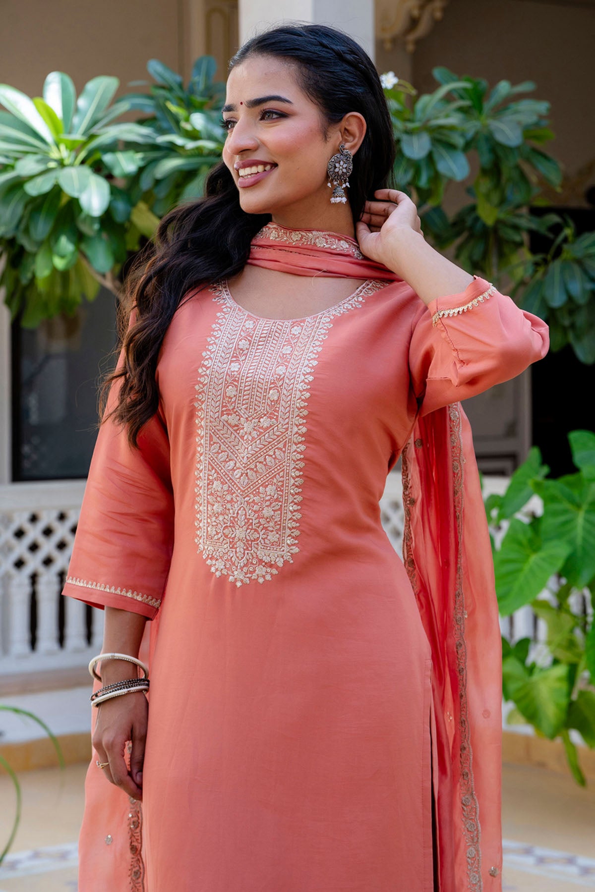 Peach Silk Round Neck Kurta Set