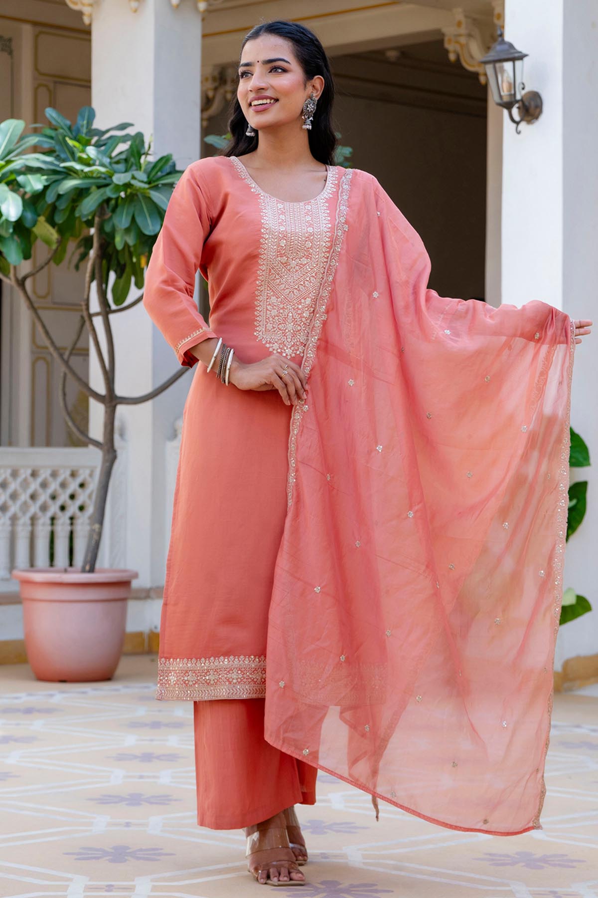 Peach Silk Round Neck Kurta Set