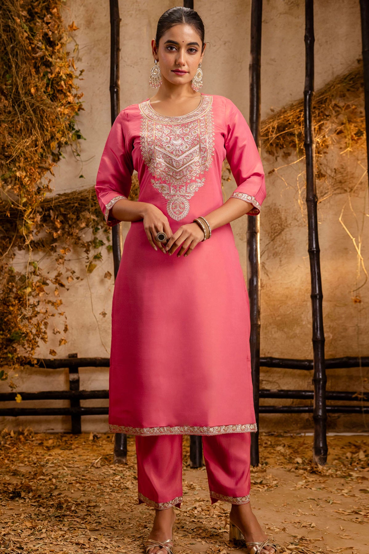 Peach Silk Sequins Kurta Set