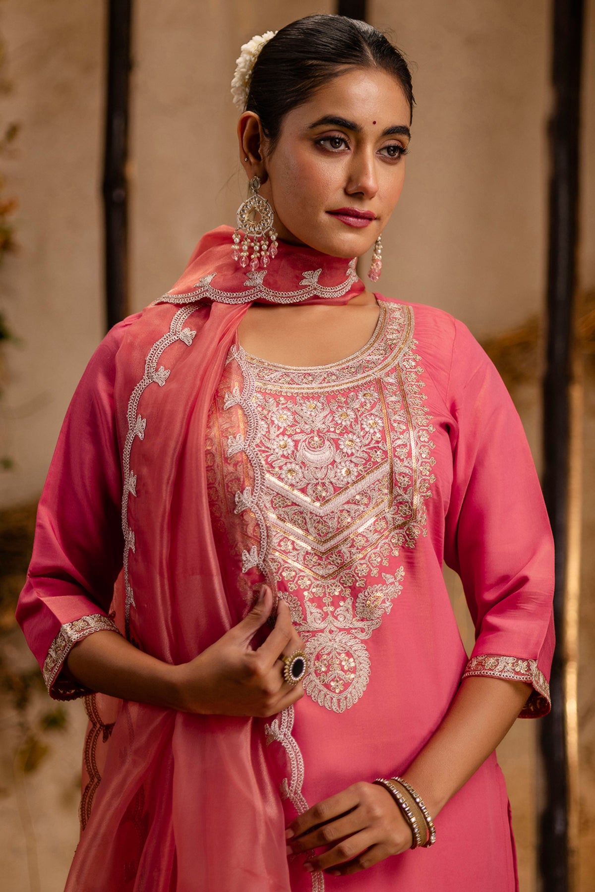 Peach Silk Sequins Kurta Set