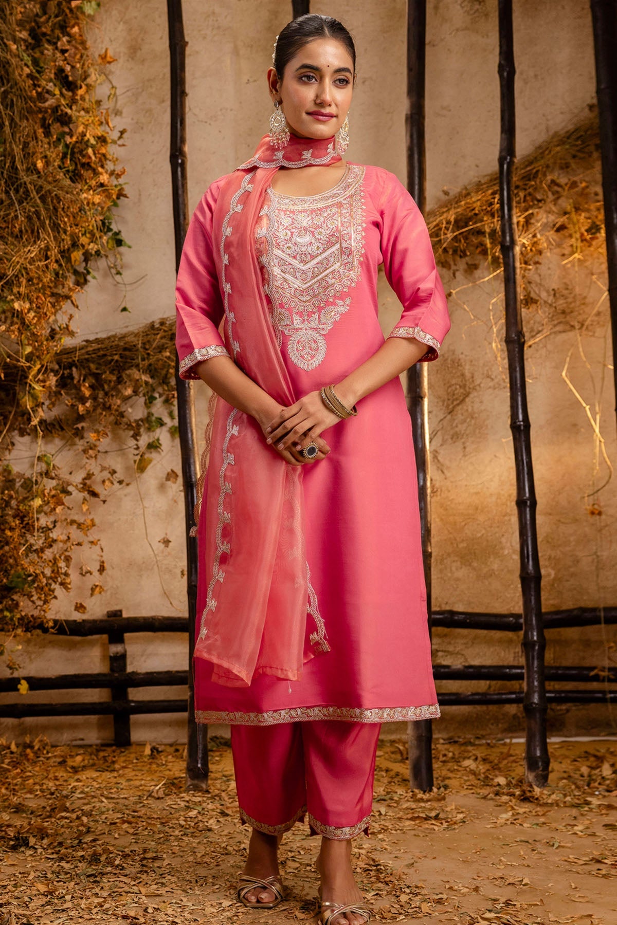 Buy Peach Silk Sequins Kurta Set for women by Aastha Fashion online available at scrollnshops