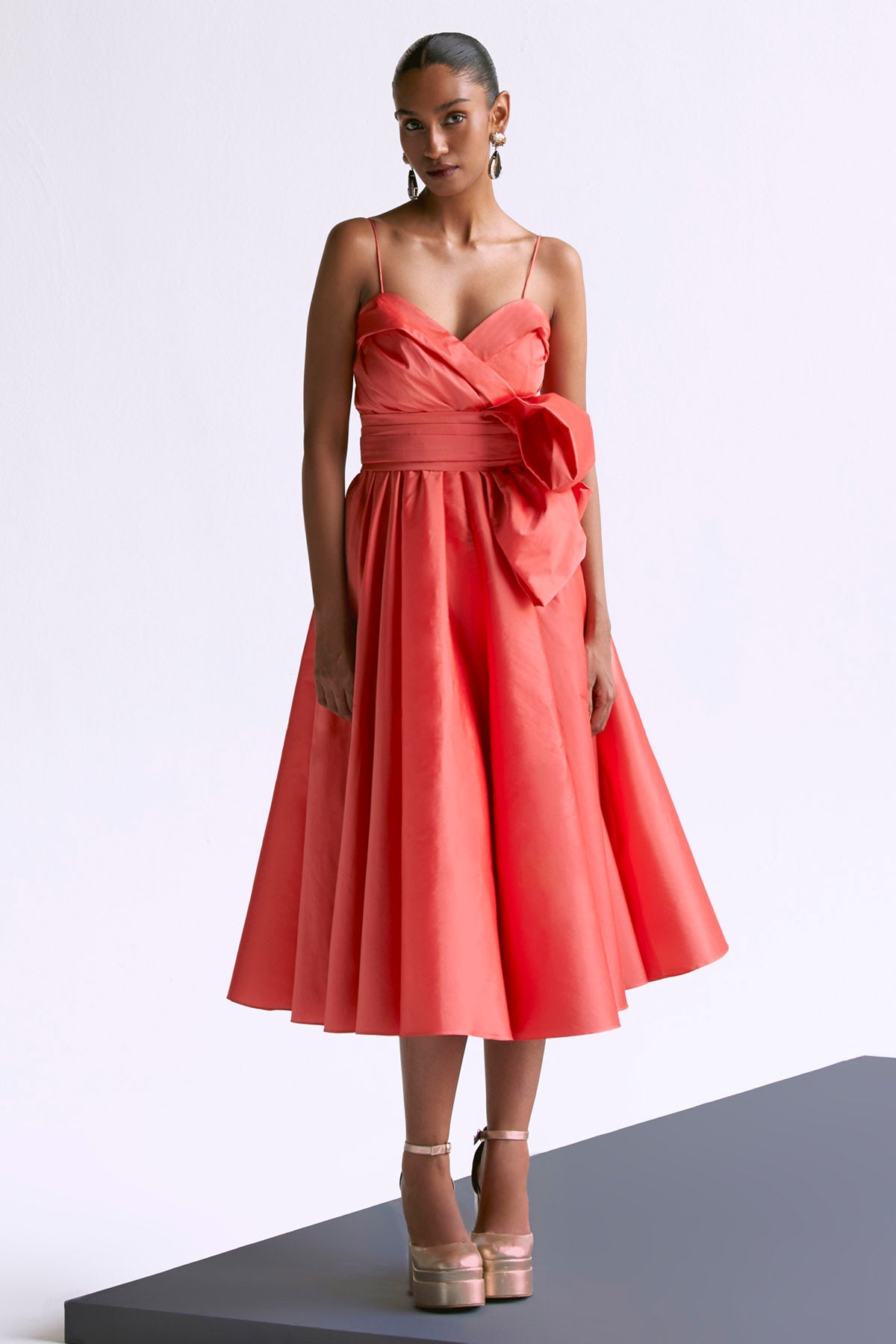 Manika Nanda Peach Sleeveless Midi Dress for women online at ScrollnShops