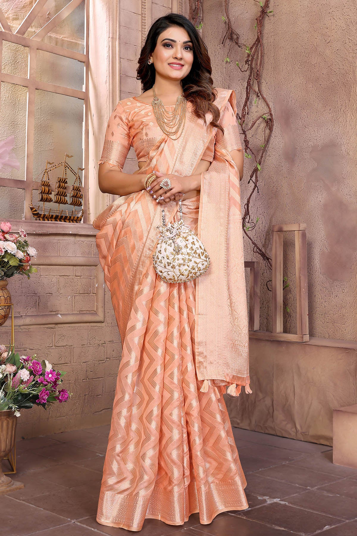 Peach Soft Organza Silk Saree