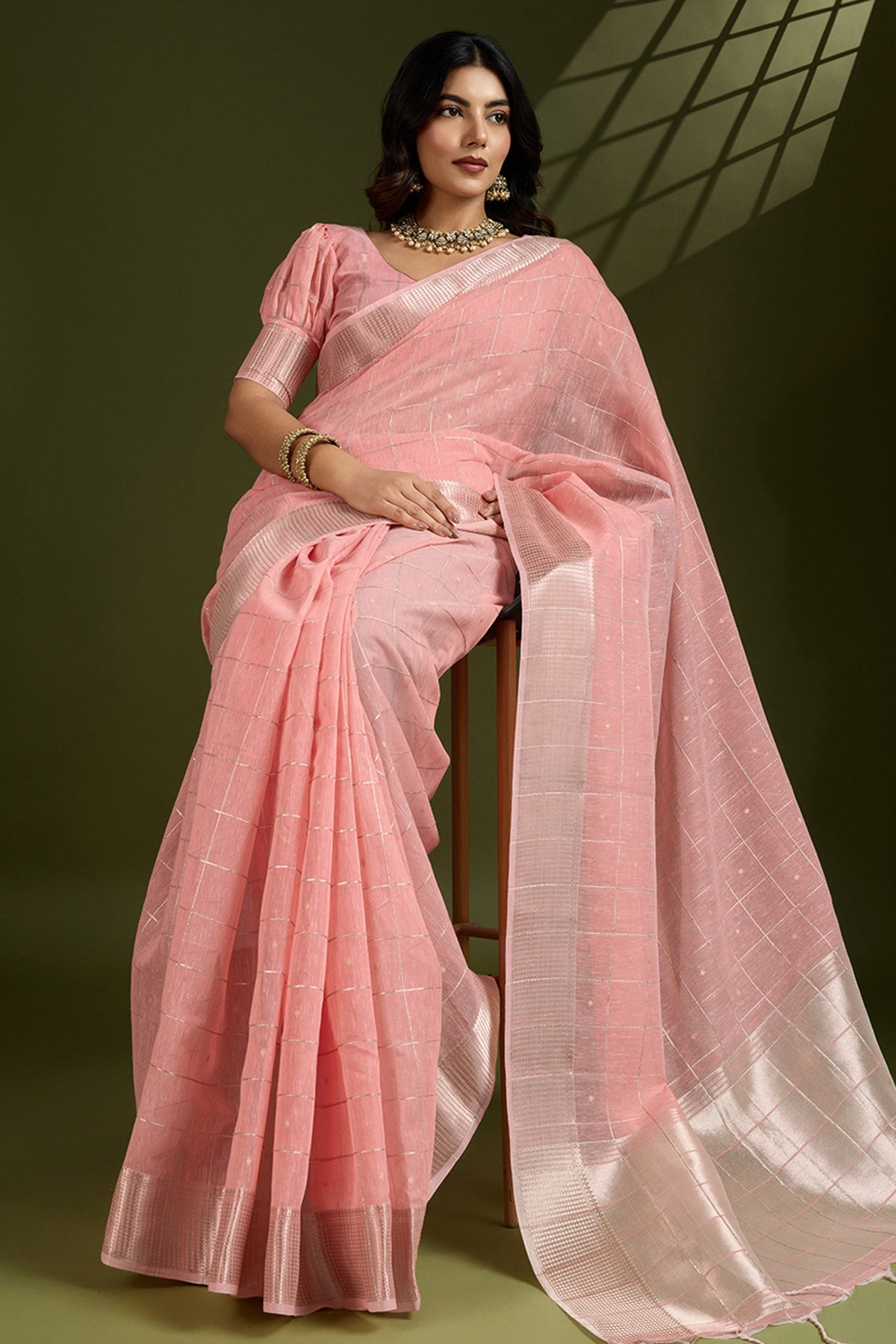 Buy Peach Soft Silk Saree & Blouse for Women Online available at ScrollnShops