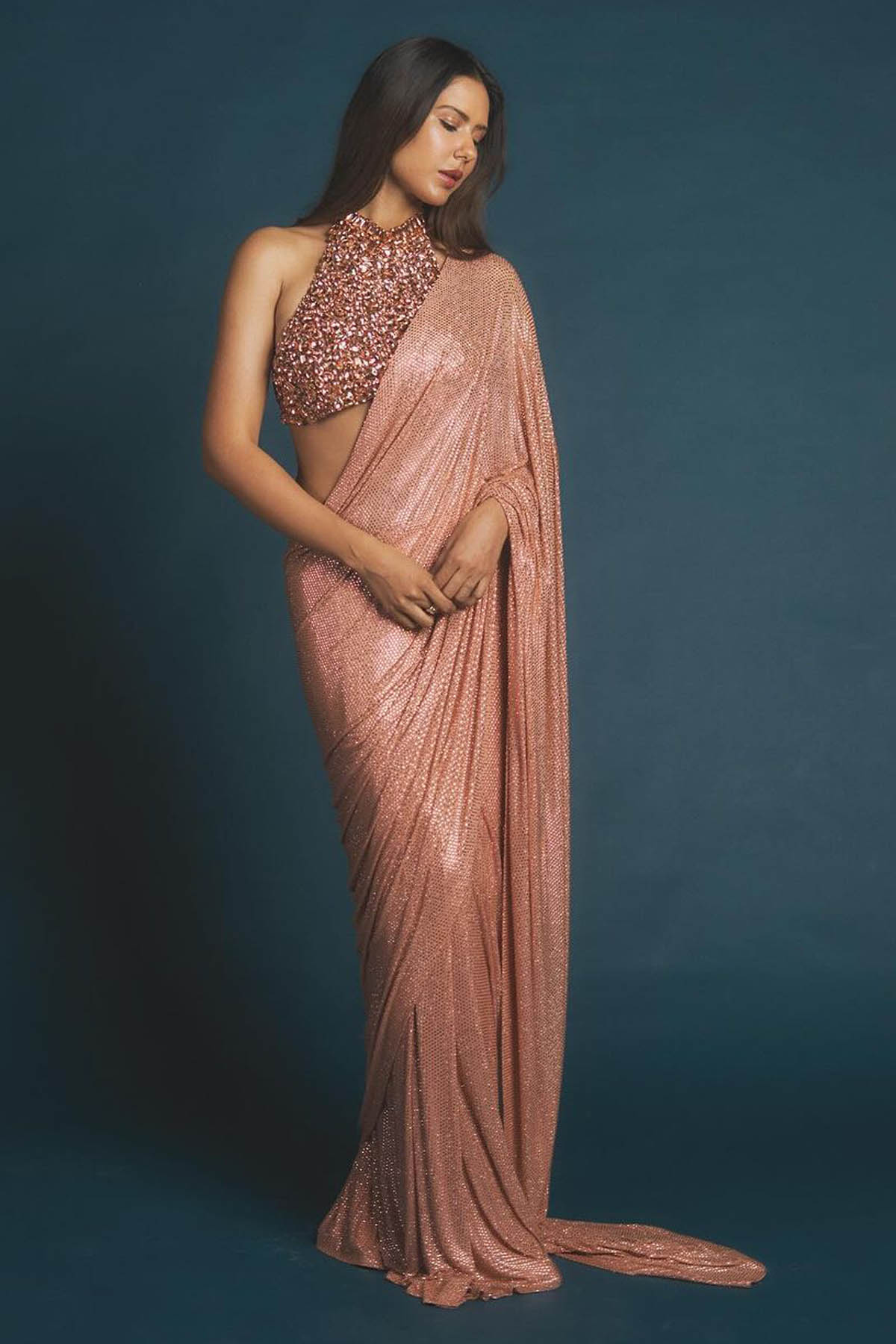 Buy ITRH, Designer Peach Stone Pre-Stitched Saree Online