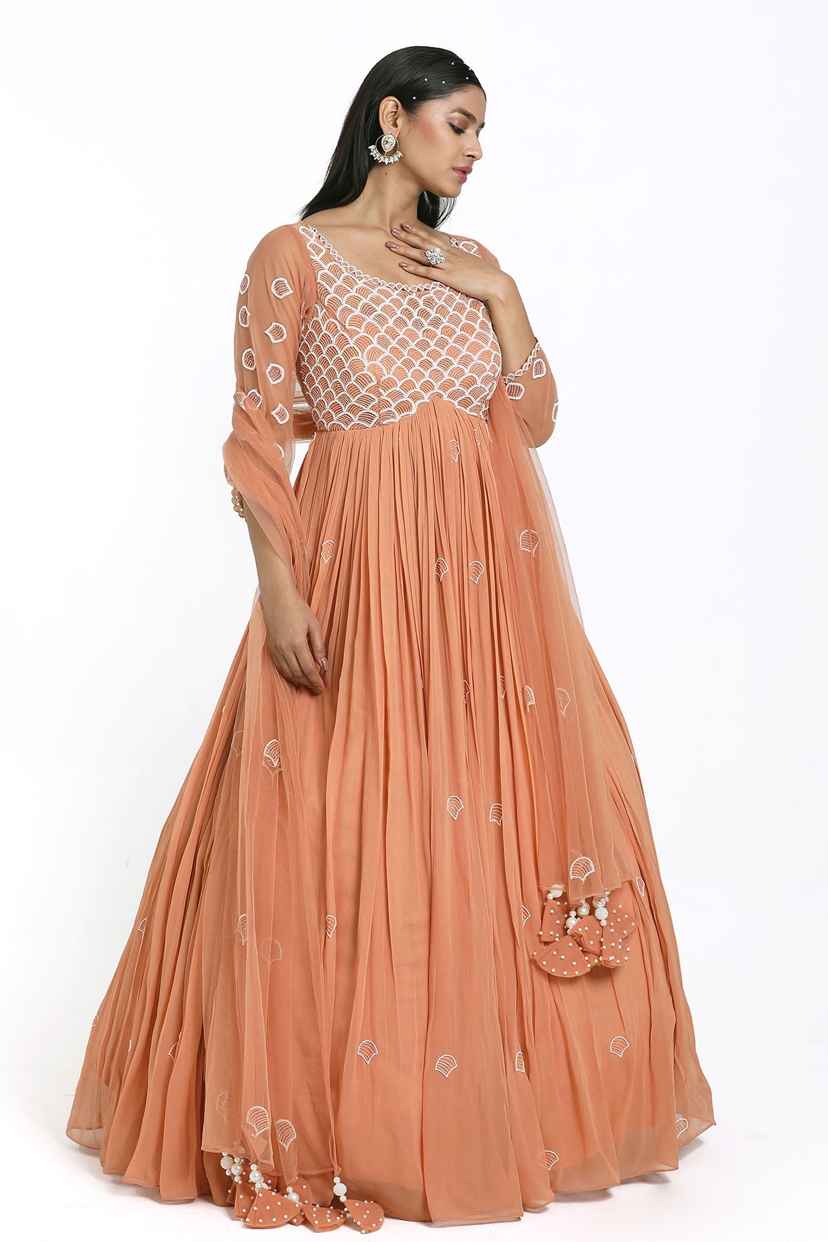 Peach Thread Work Anarkali Set