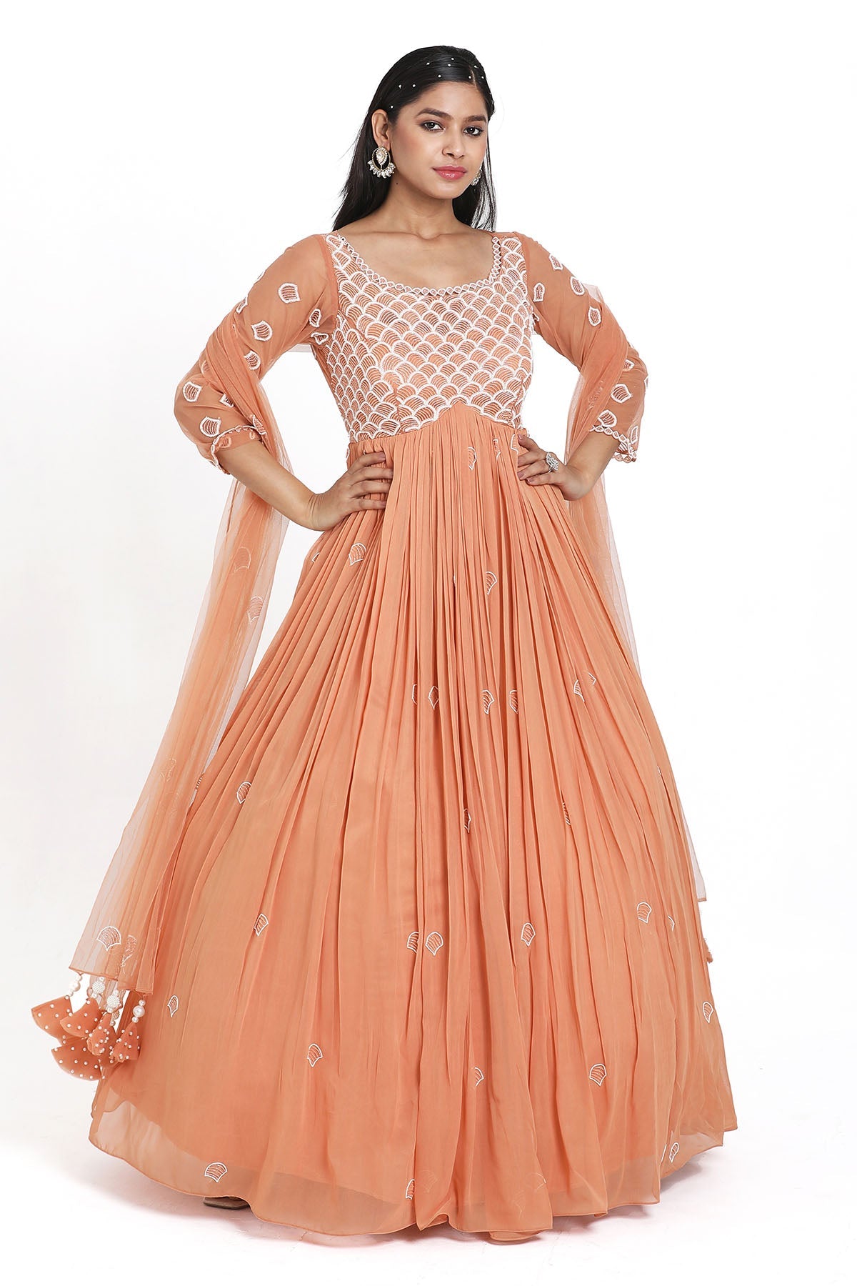Buy Peach Thread Work Anarkali Set by Nitisha Kashyapi for women online at ScrollnShops