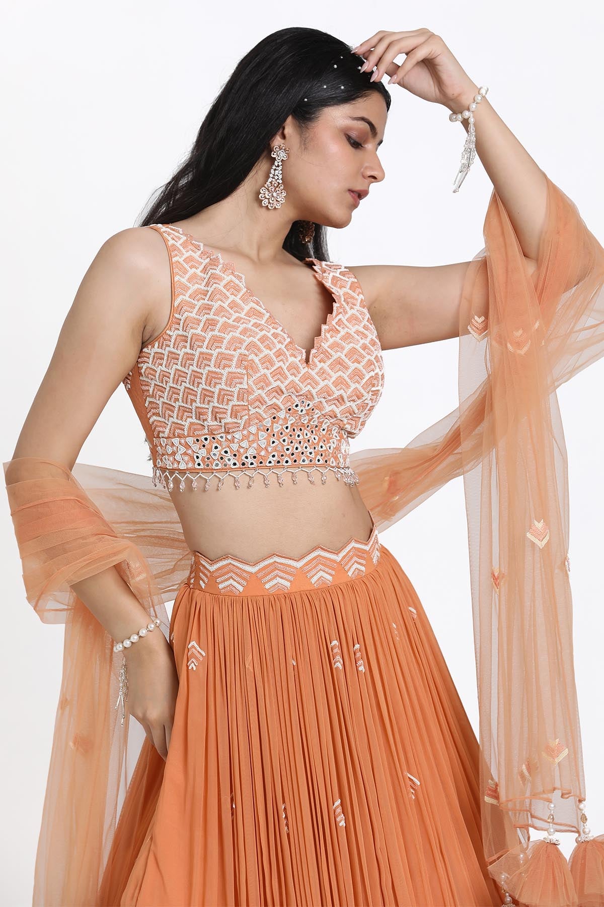 Peach Thread Work Lehenga Set