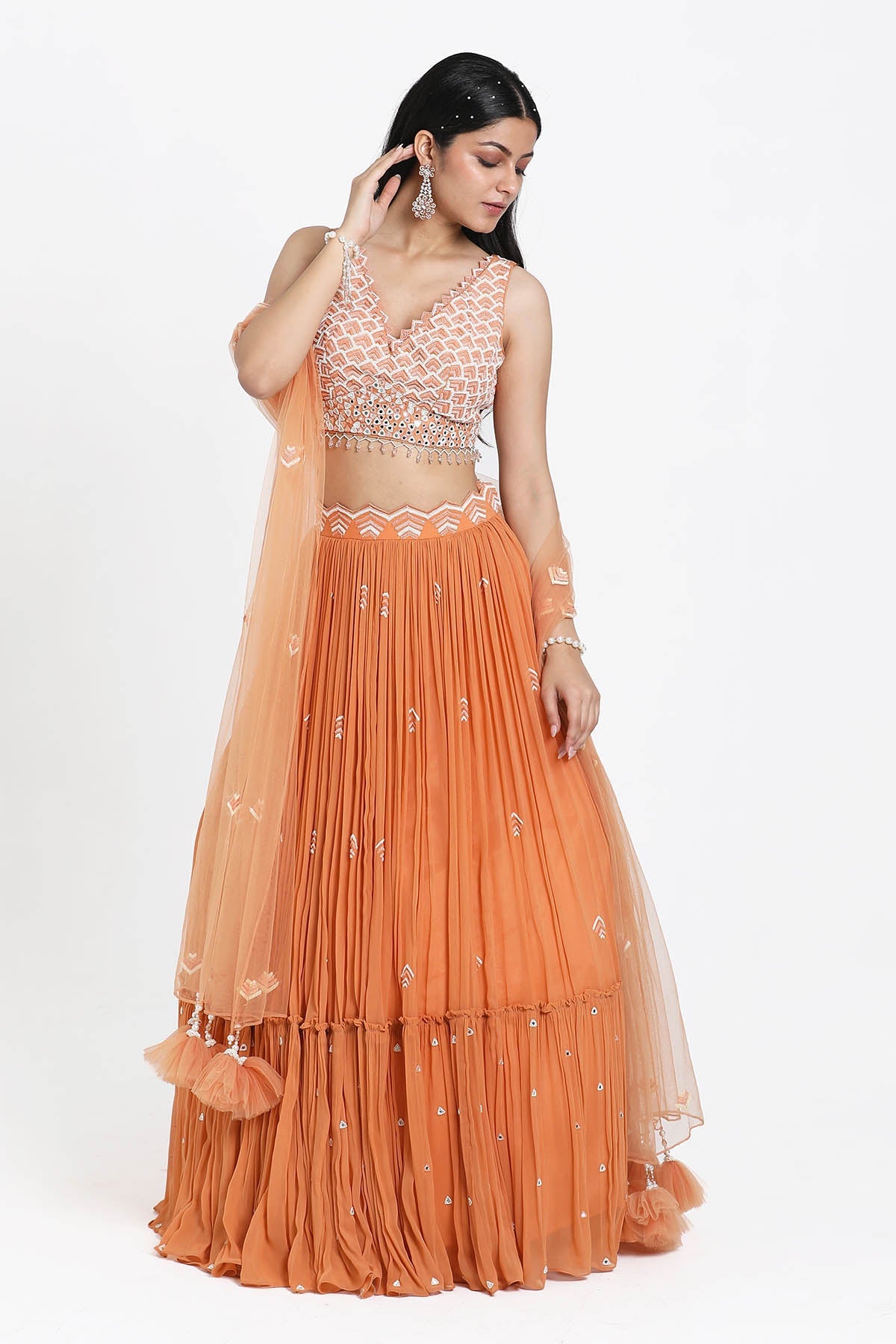 Buy Peach Thread Work Lehenga Set by Nitisha Kashyapi for women online at ScrollnShops