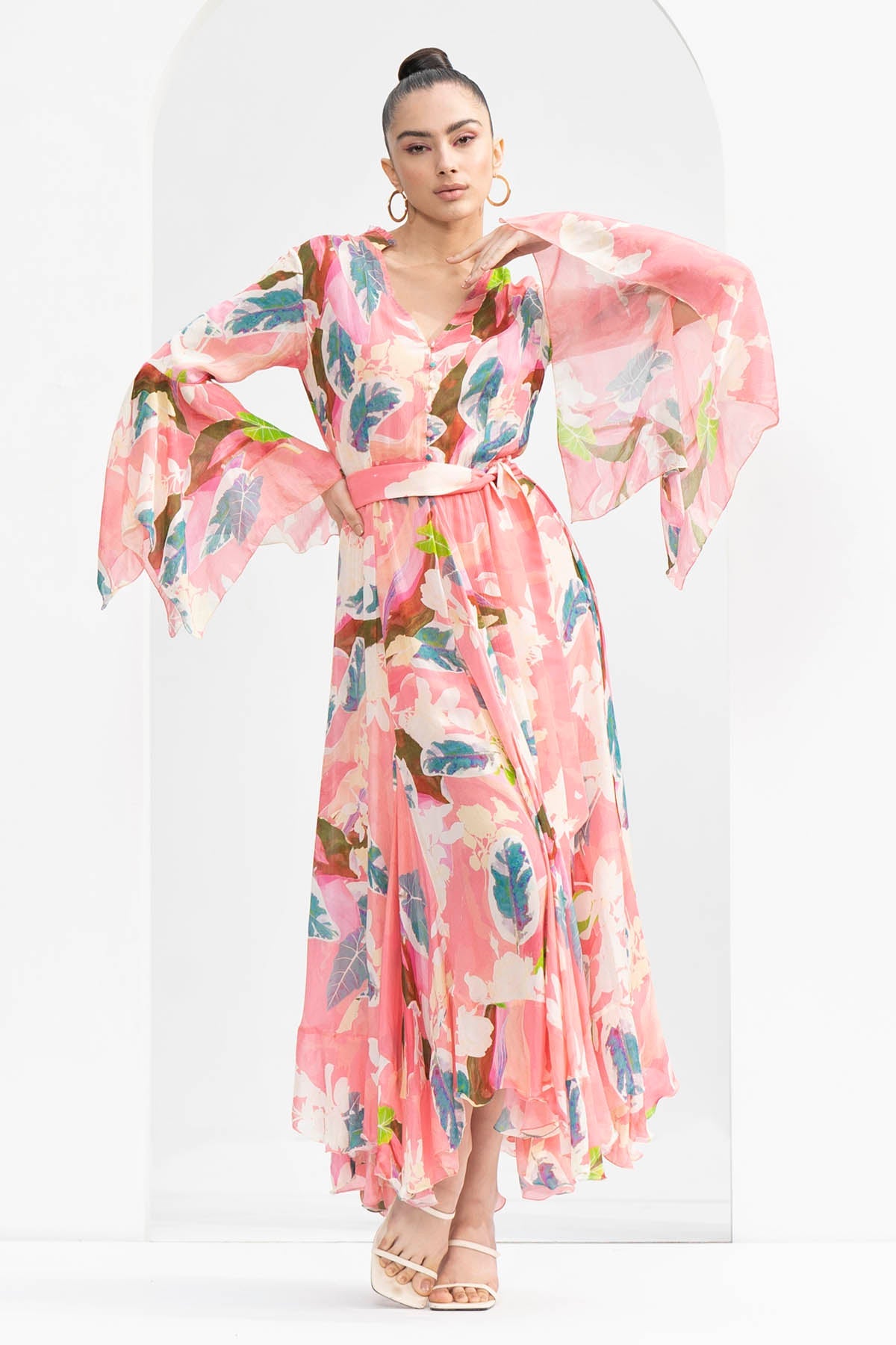 Buy Peach Tropical Printed Dress by Mandira Wirk