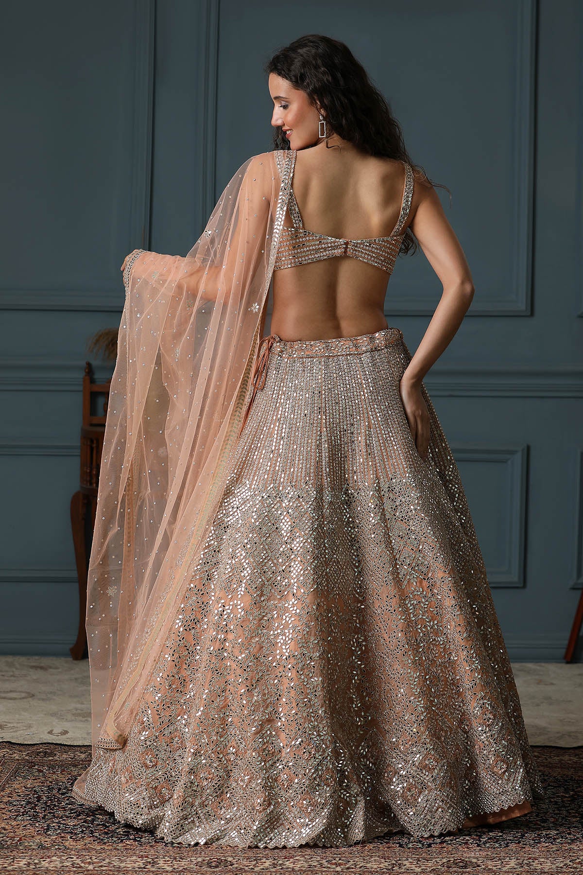Peach V-Neck Mirror Lehenga Set