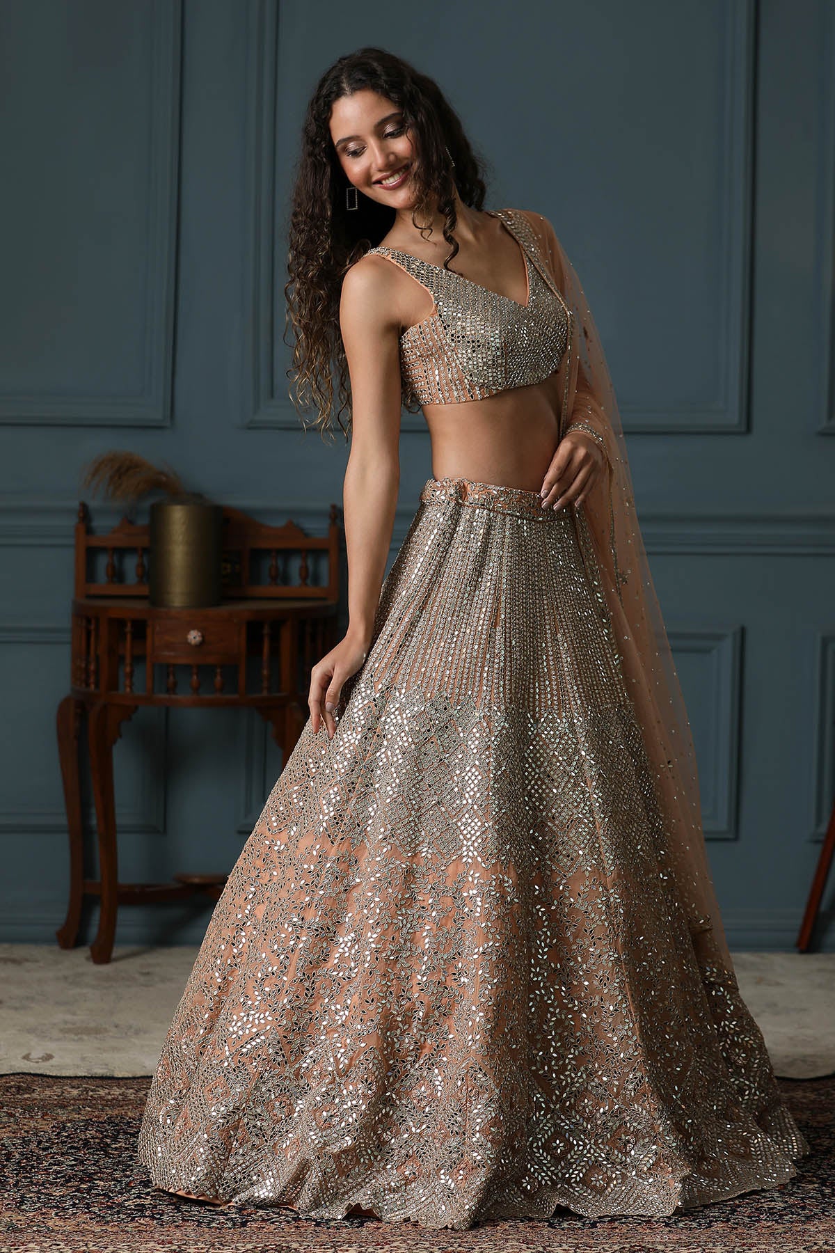 Peach V-Neck Mirror Lehenga Set