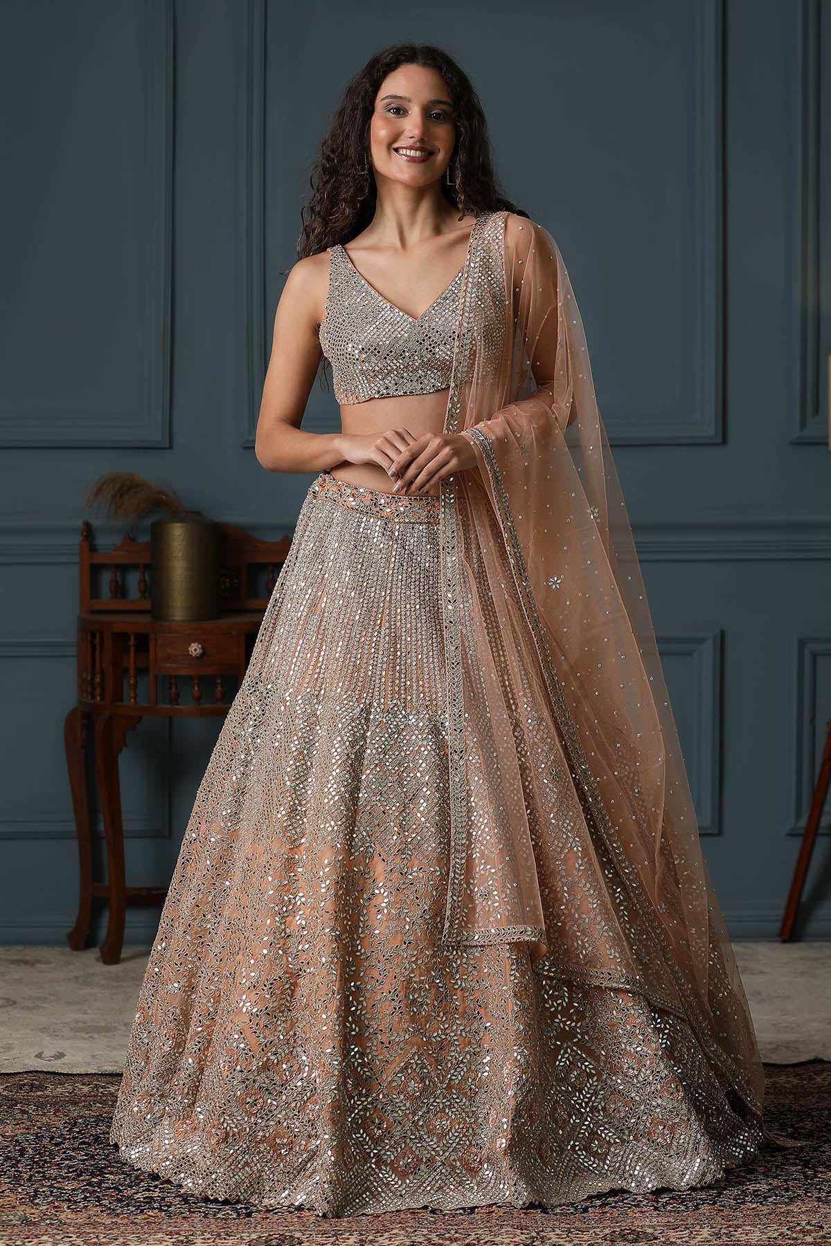 Peach V-Neck Mirror Lehenga Set