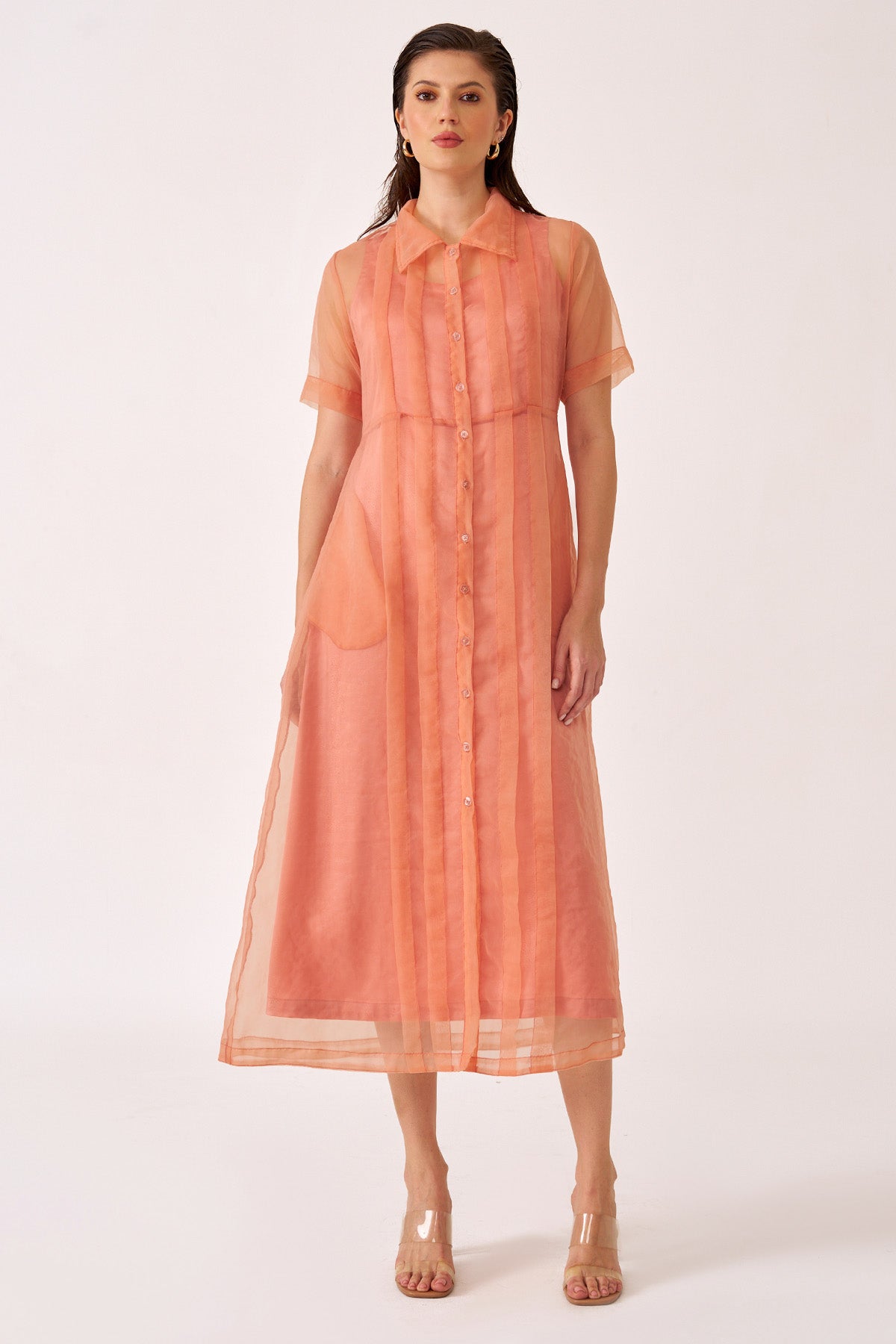 Buy Peach Vertical Panel Midi Dress for women by Vanten online available at scrollnshops