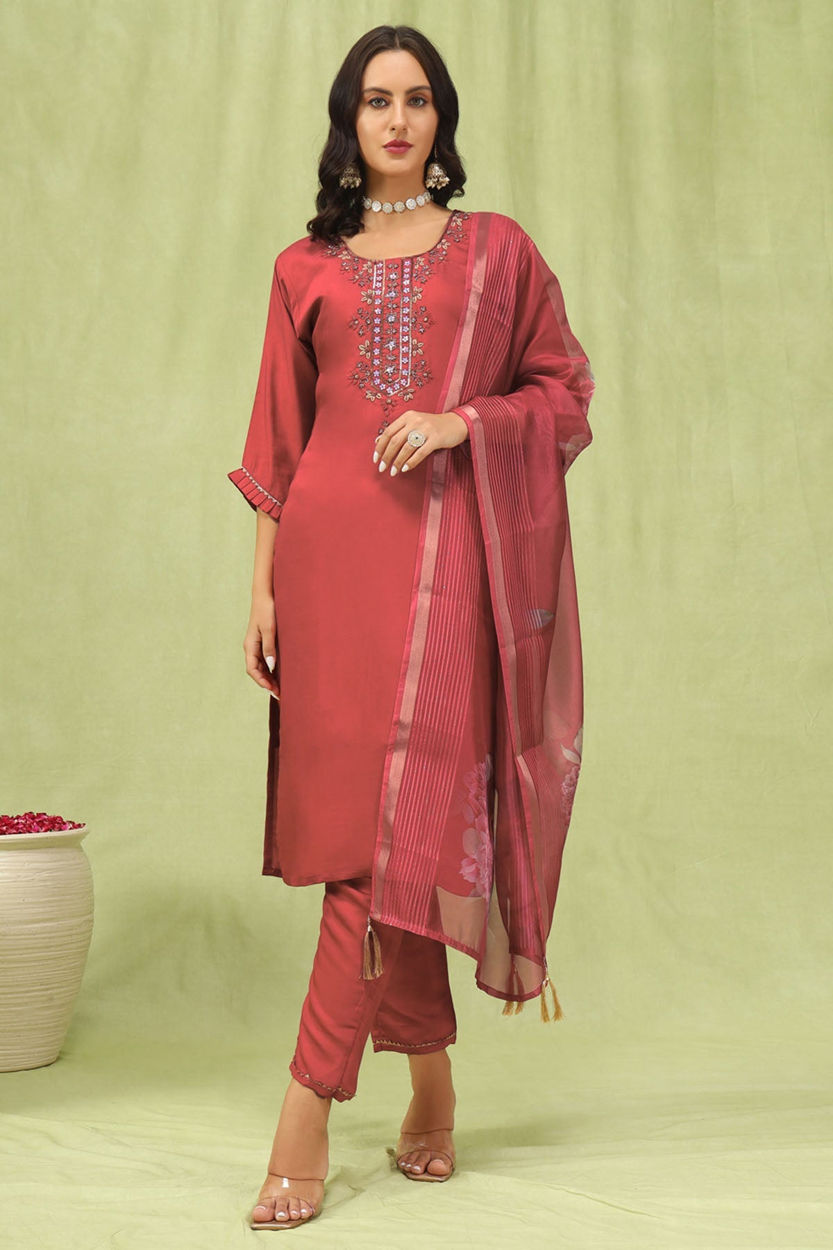 Buy Peach Viscose Roman Kurta Set for women by Aastha Fashion online available at scrollnshops