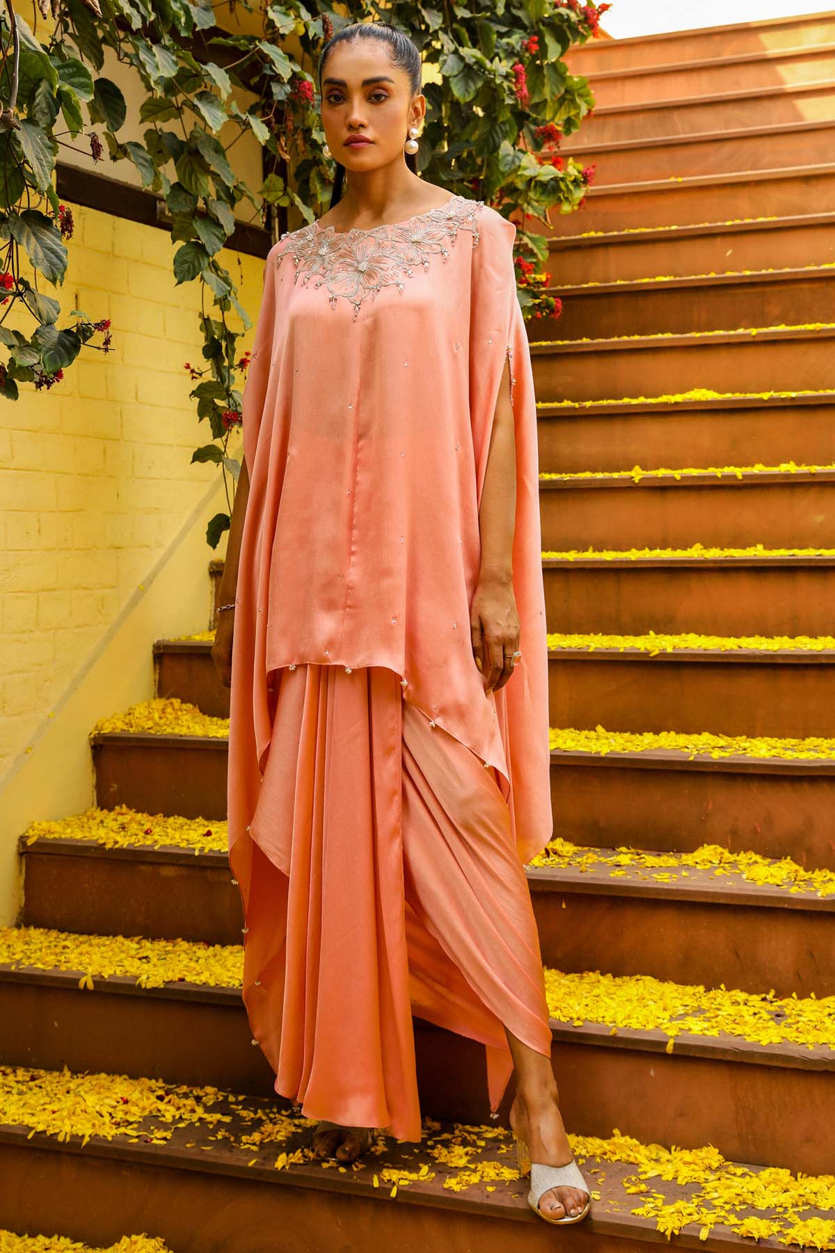 Buy Peach Zardosi Kaftan & Skirt Online