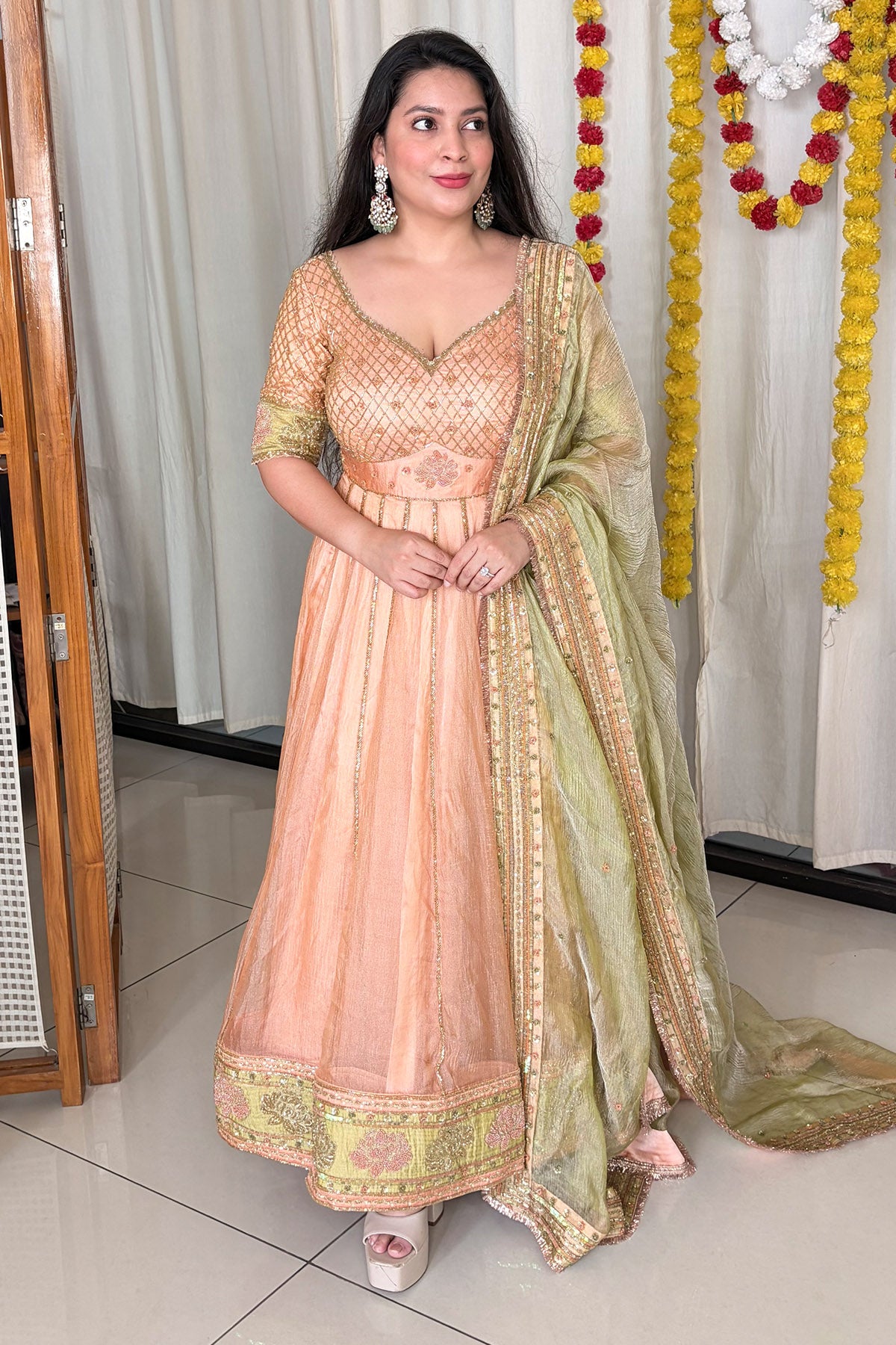 Peach Zari Embroidery Anarkali