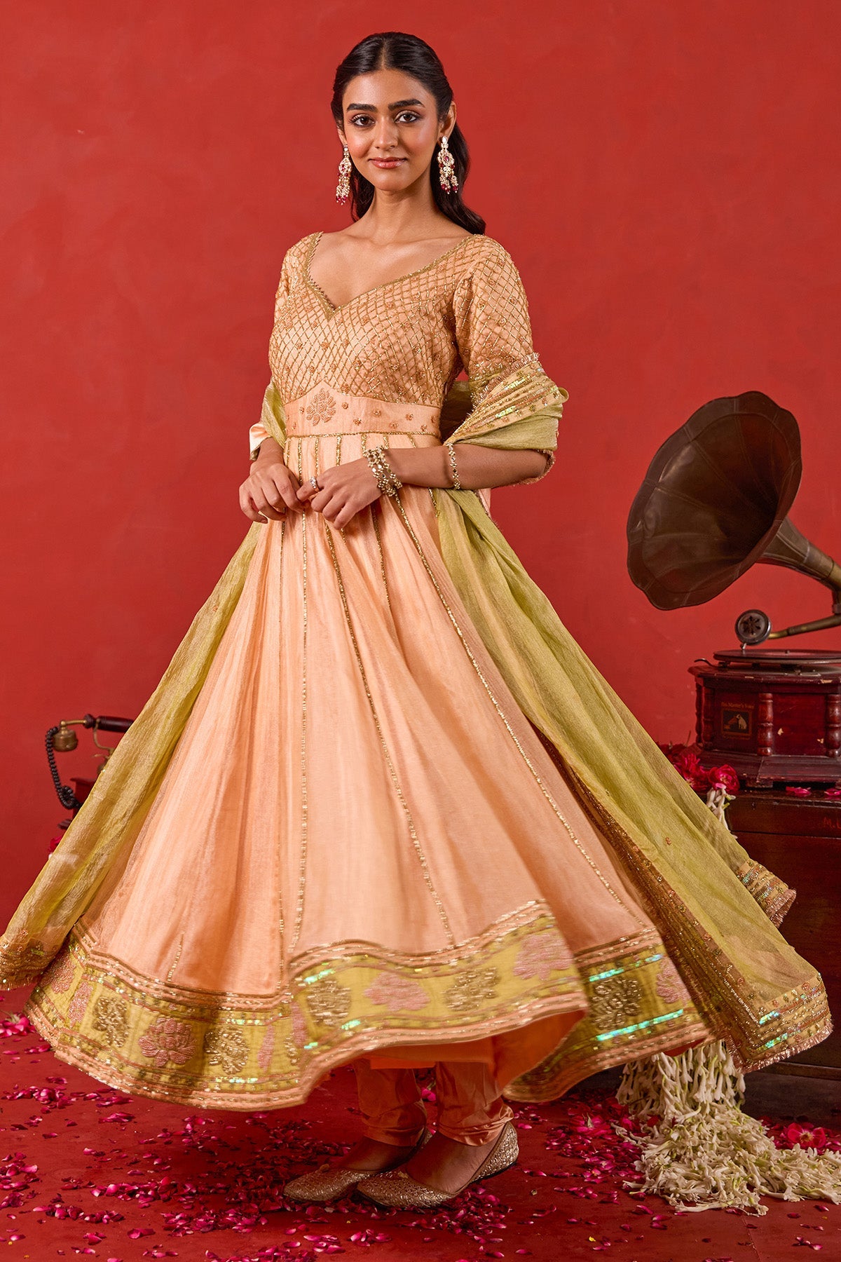 Buy Peach Zari Thread Anarkali Set for women by Taro India online available at scrollnshops