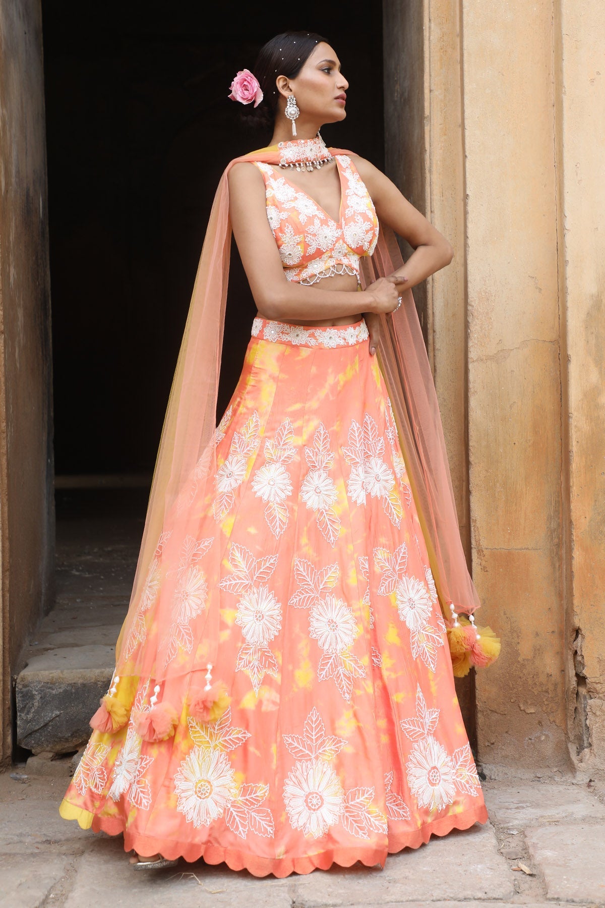 Buy Peach Zari Tie-Dye Lehenga Set by Nitisha Kashyap for women online at ScrollnShops