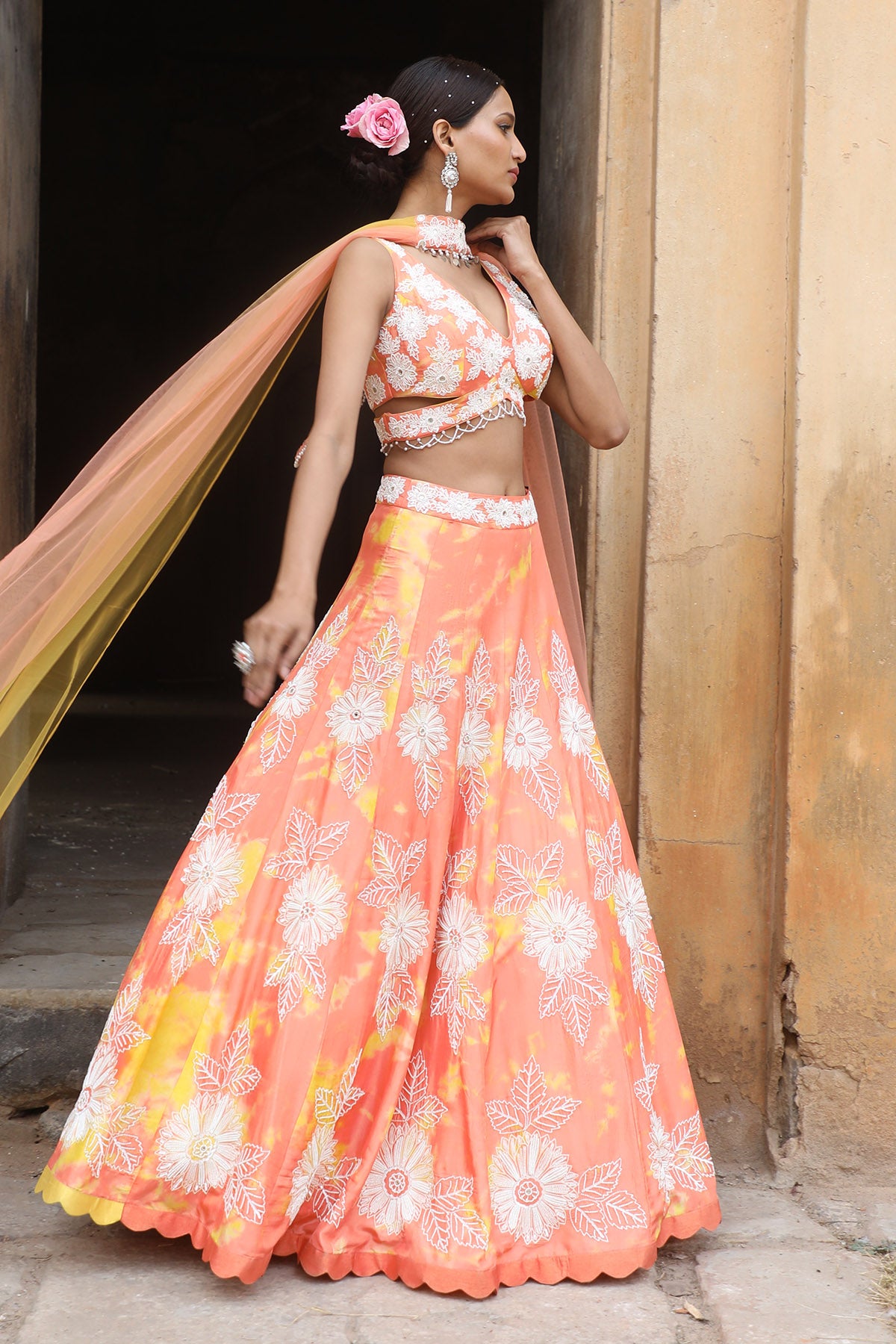 Peach Zari Tie-Dye Lehenga Set