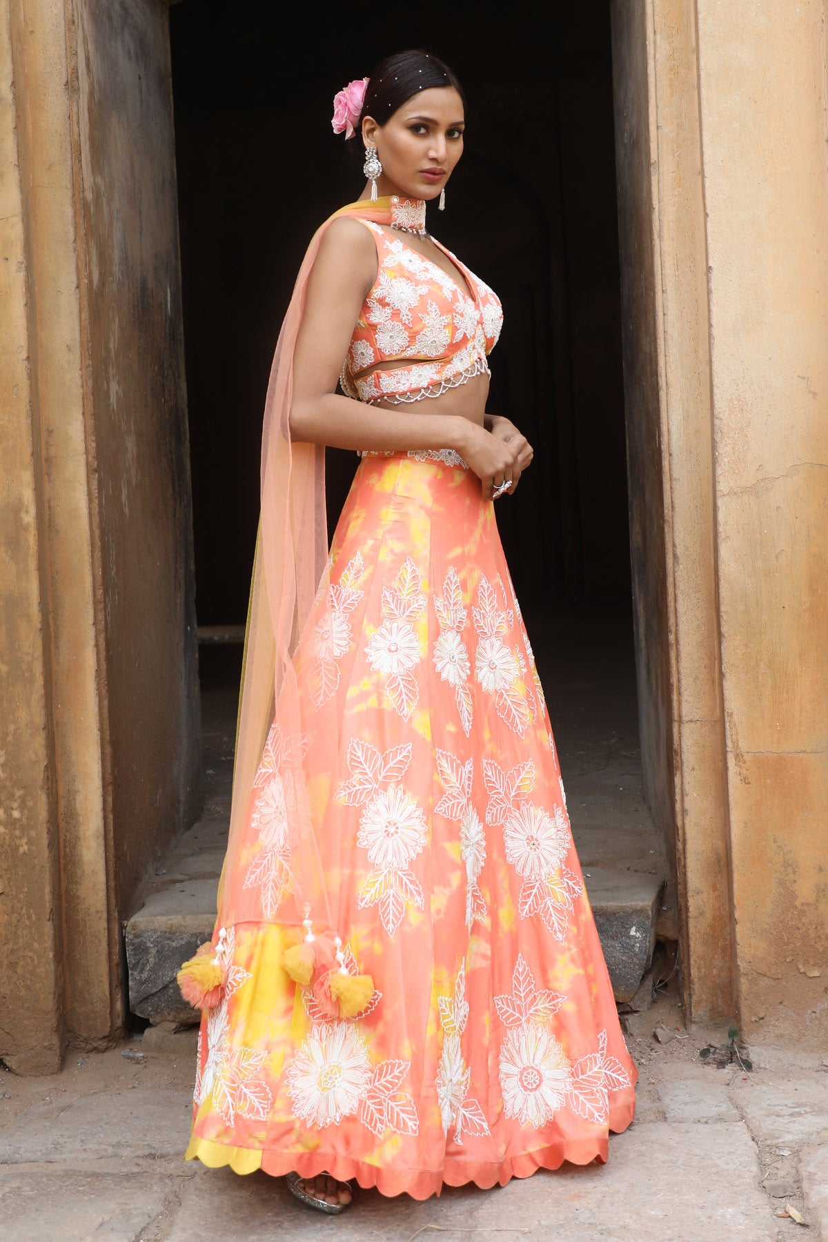 Peach Zari Tie-Dye Lehenga Set