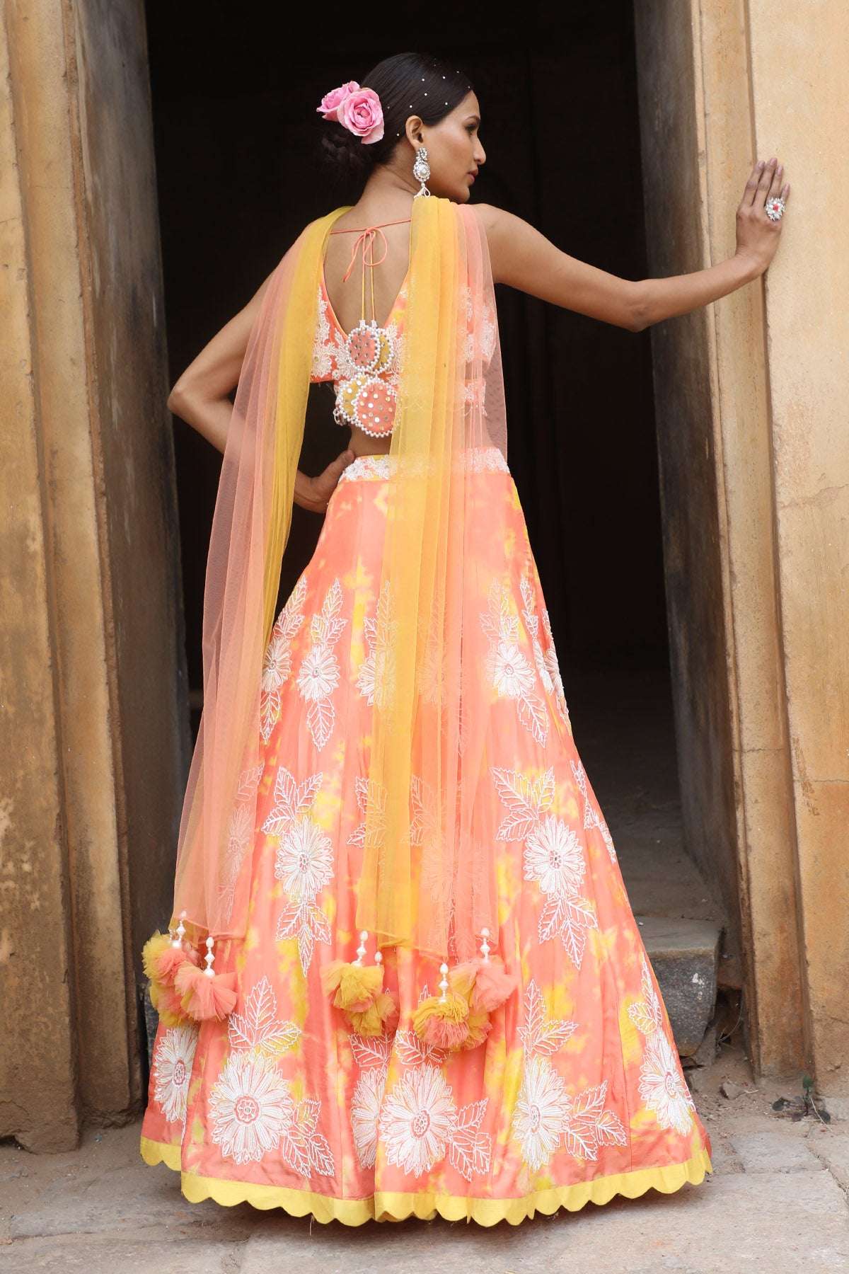 Peach Zari Tie-Dye Lehenga Set