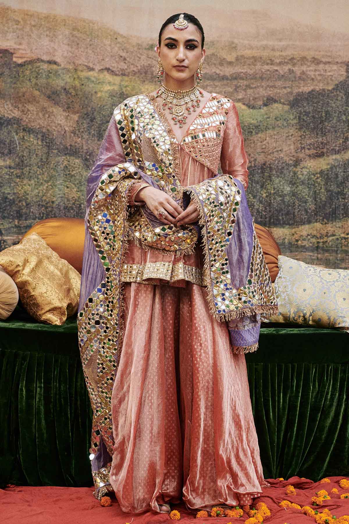Buy ITRH, Designer Peach Zari Work Sharara Set Online