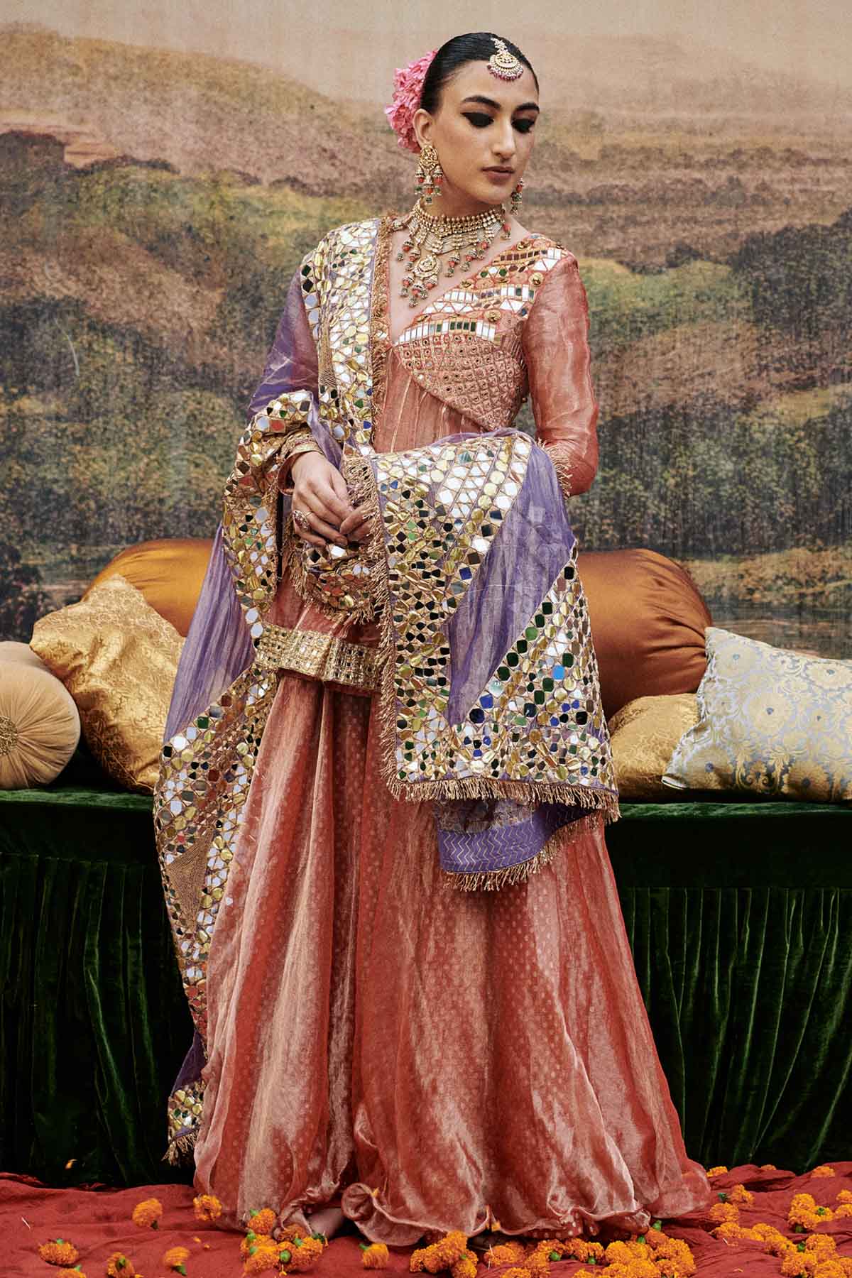 Peach Zari Work Sharara Set