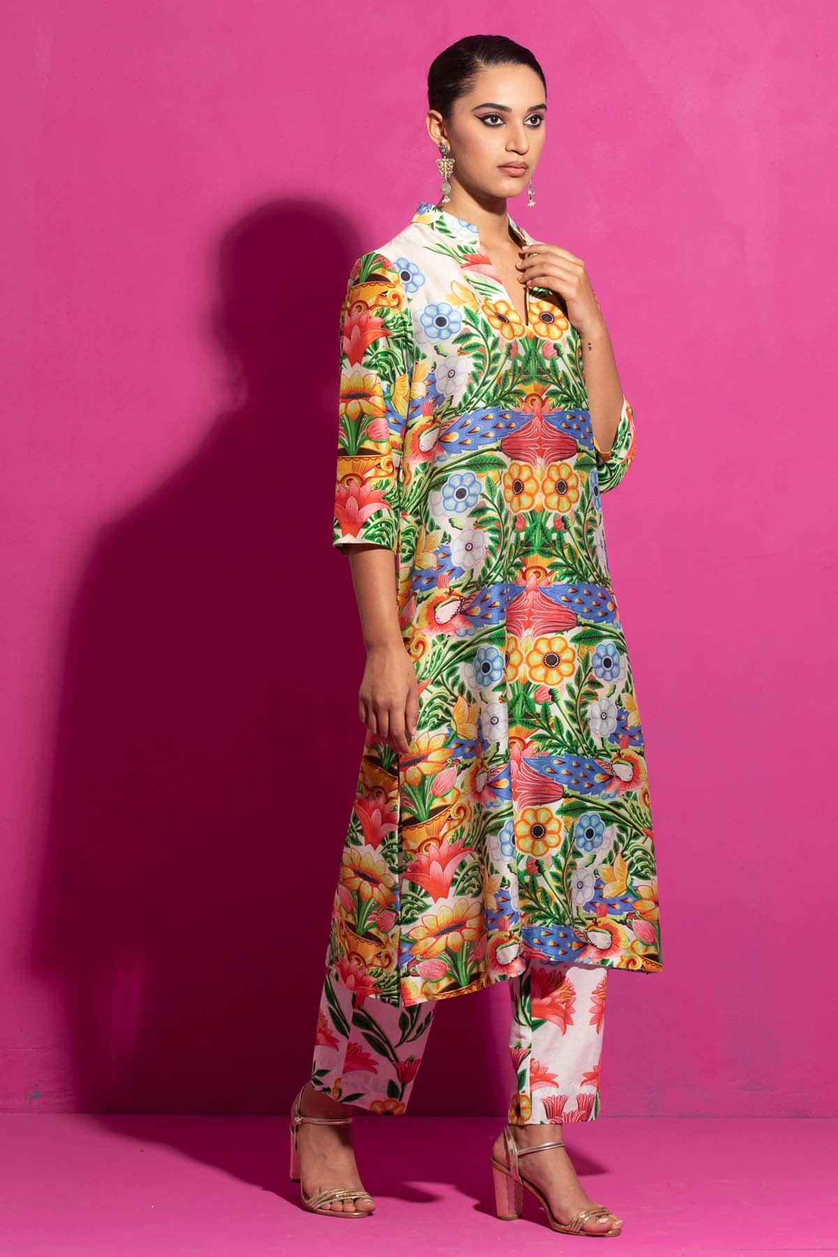 Chanderi Peacock Print Kurta Set