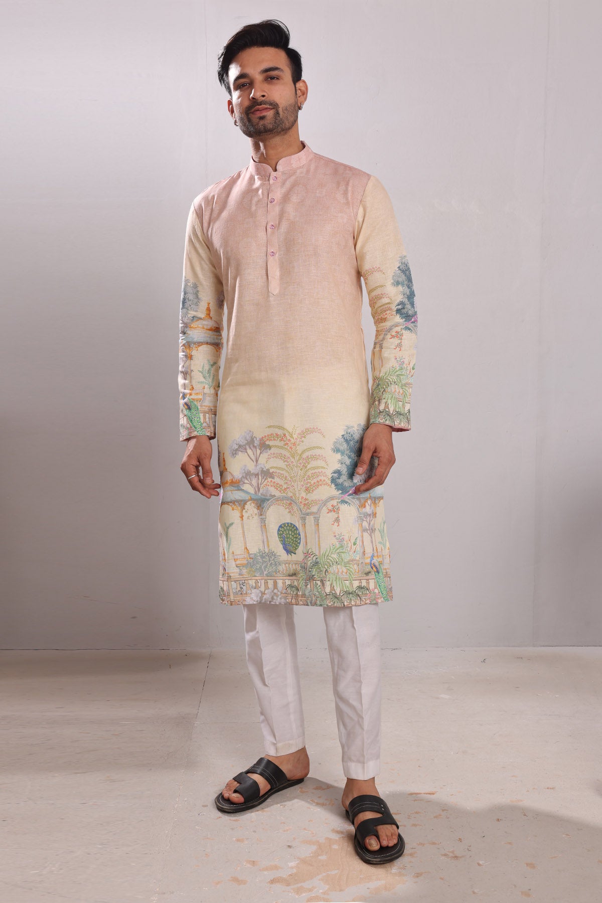 Peacock Print Linen Blend Kurta