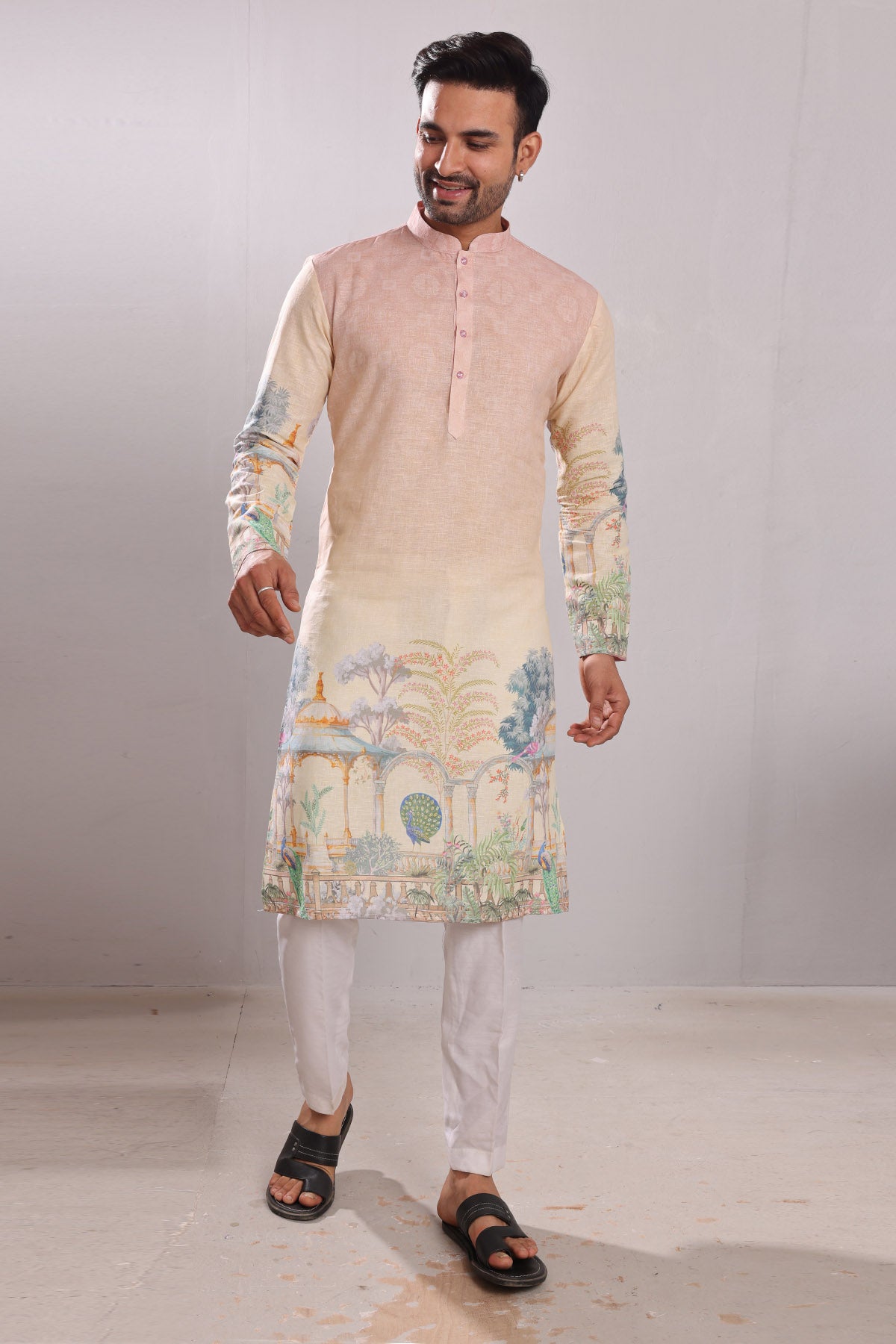 Peacock Print Linen Blend Kurta