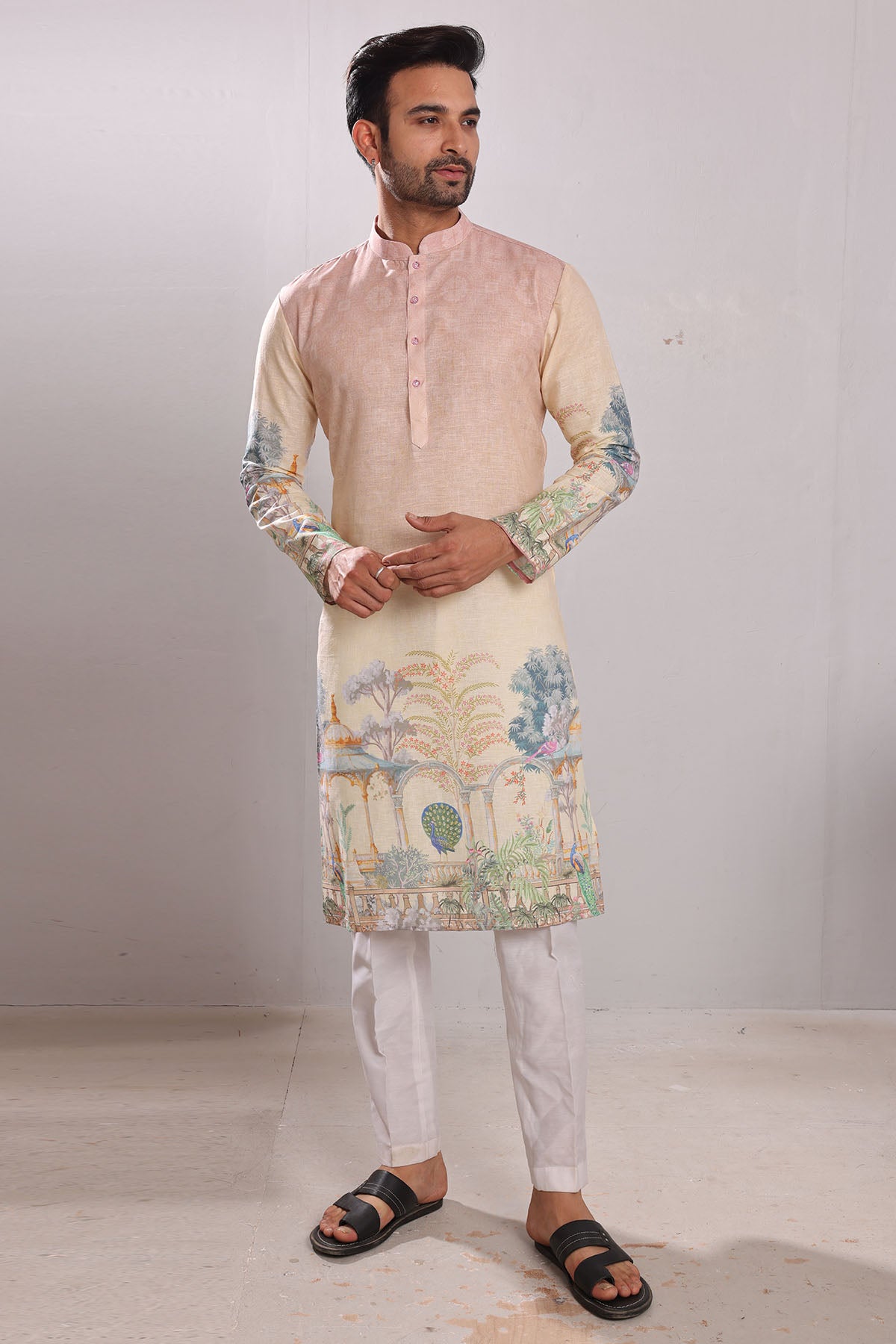 Peacock Print Linen Blend Kurta