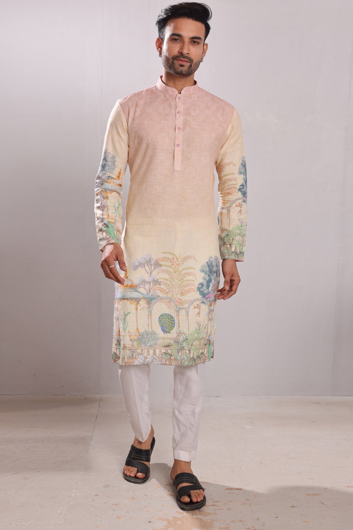 Buy Peacock Print Linen Blend Kurta by SNEHA B for men online at ScrollnShops