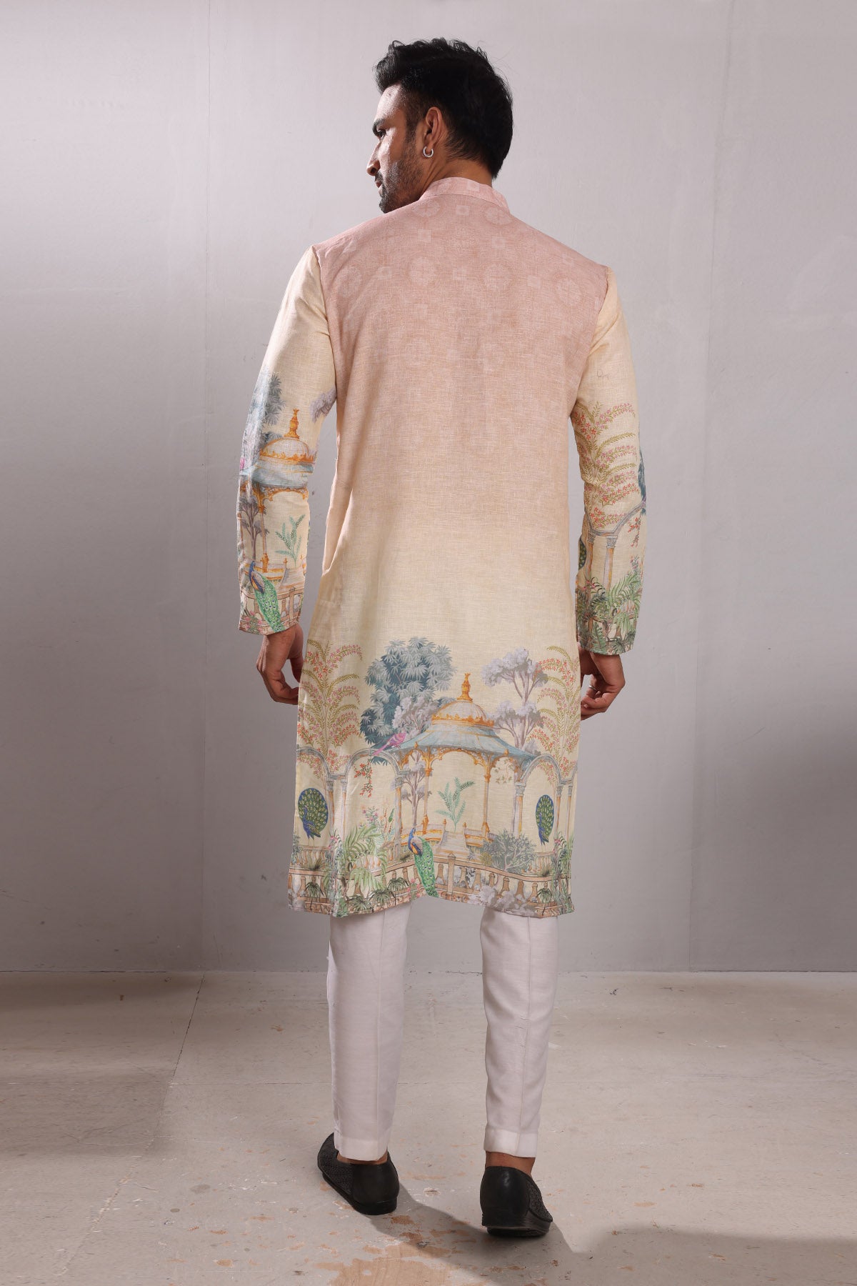 Peacock Print Linen Blend Kurta