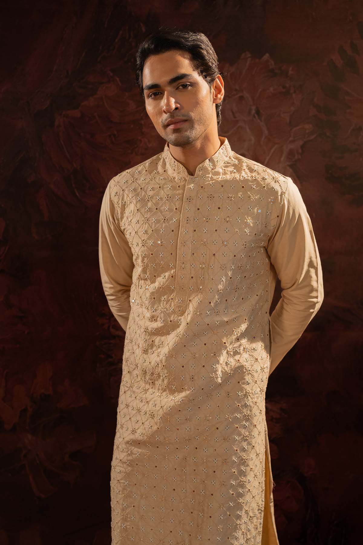 Pearl Embellished Silk Kurta Set