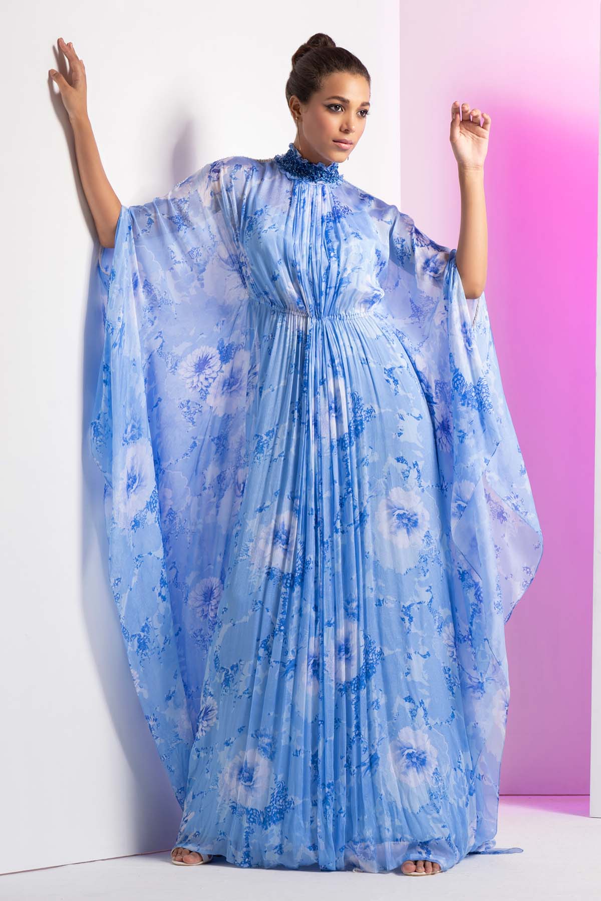 Buy Pearl Blue Pleated Kaftan by Mandira Wirk