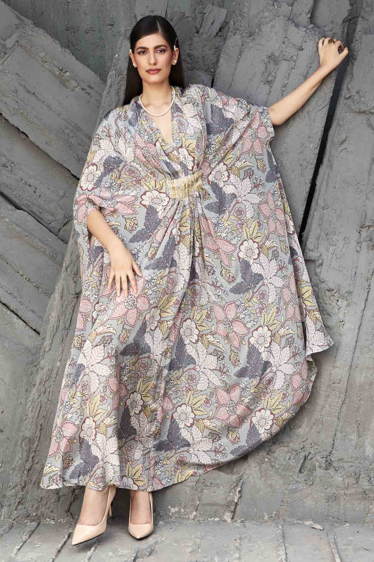 Designer Ranian Pearl grey georgette printed kaftan with embroidery detail at under bust For women Online at ScrollnShops