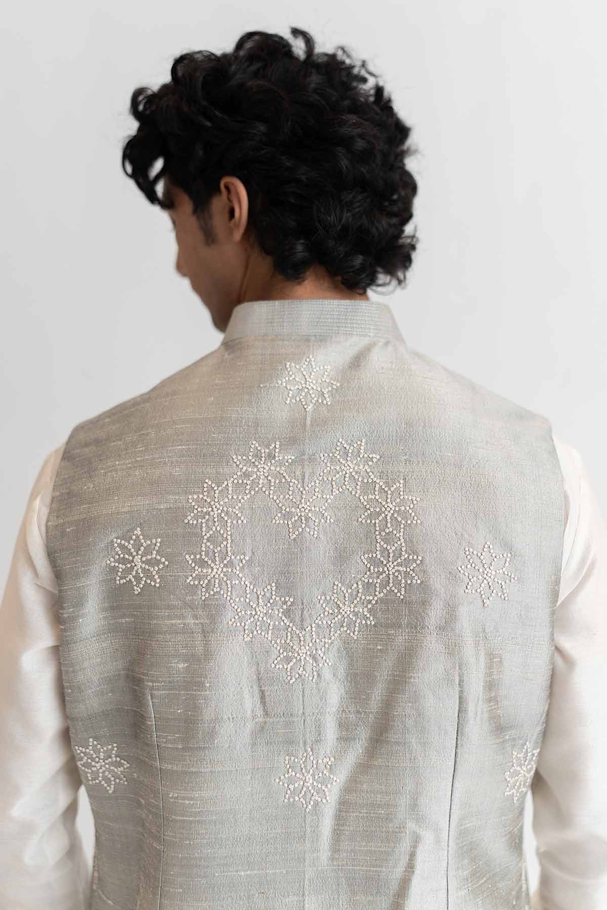 Pearl & Grey Raw Silk Bundi Set