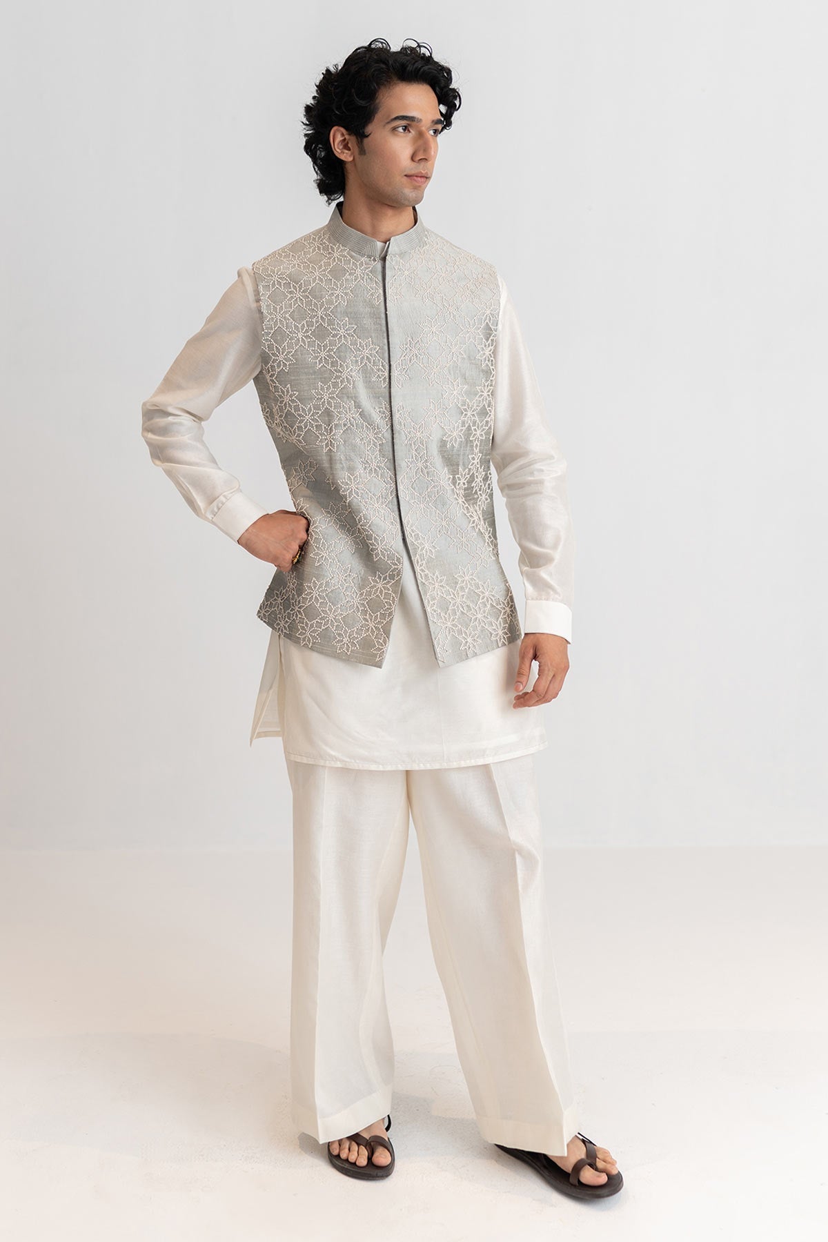 Buy Pearl & Grey Raw Silk Bundi Set for men by Ajiesh Oberoi online available at scrollnshops