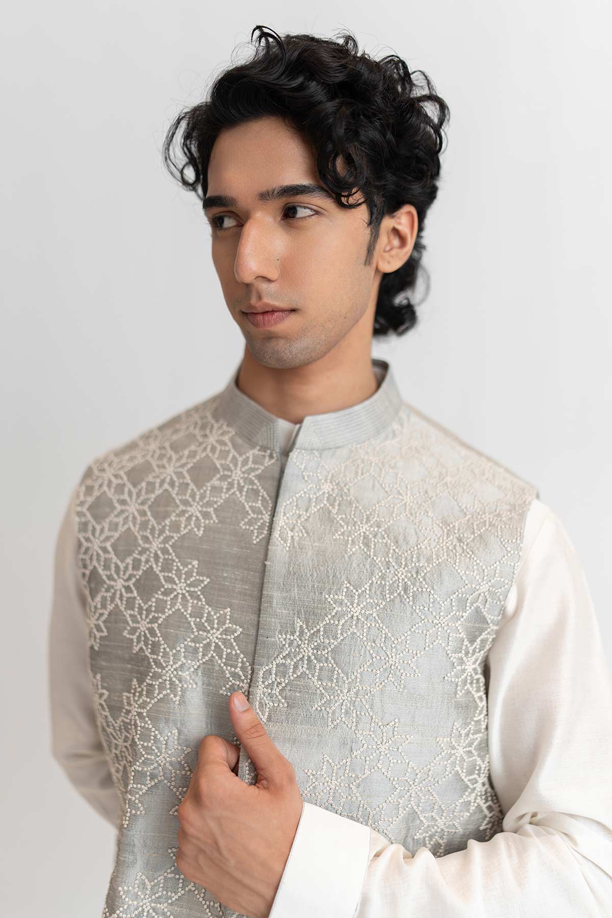 Pearl & Grey Raw Silk Bundi Set