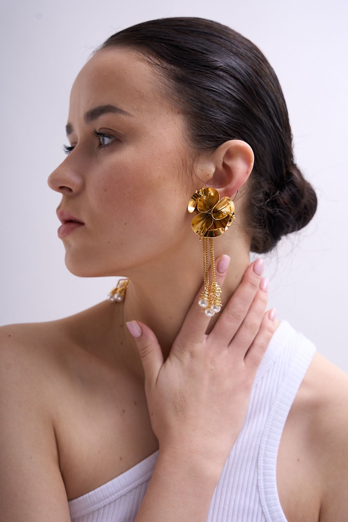 Buy RUHHEITE Pearl Hangings Floral Earrings For Women by Esme Available Online at ScrollnShops